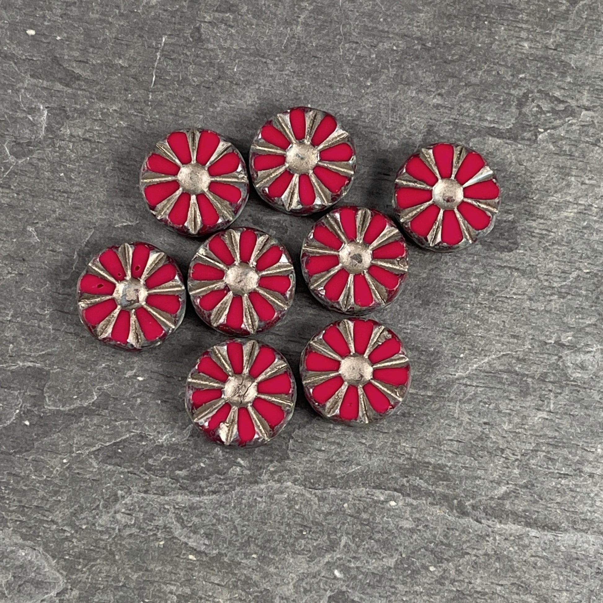 Czech Glass Beads, 12mm Ruby Red Sunflower Coin Beads with Gold Wash and Travertine Picasso Finish (TCT-RTG) * Qty. 8