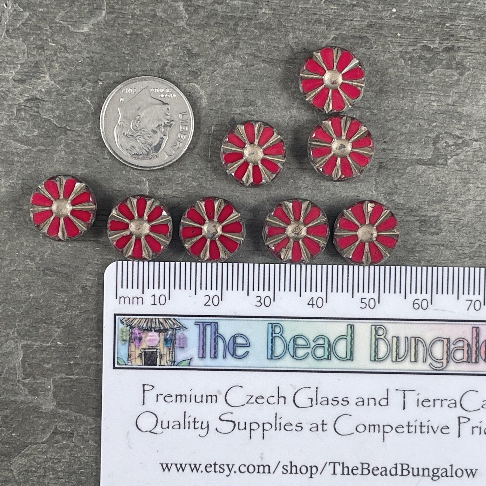 Czech Glass Beads, 12mm Ruby Red Sunflower Coin Beads with Gold Wash and Travertine Picasso Finish (TCT-RTG) * Qty. 8