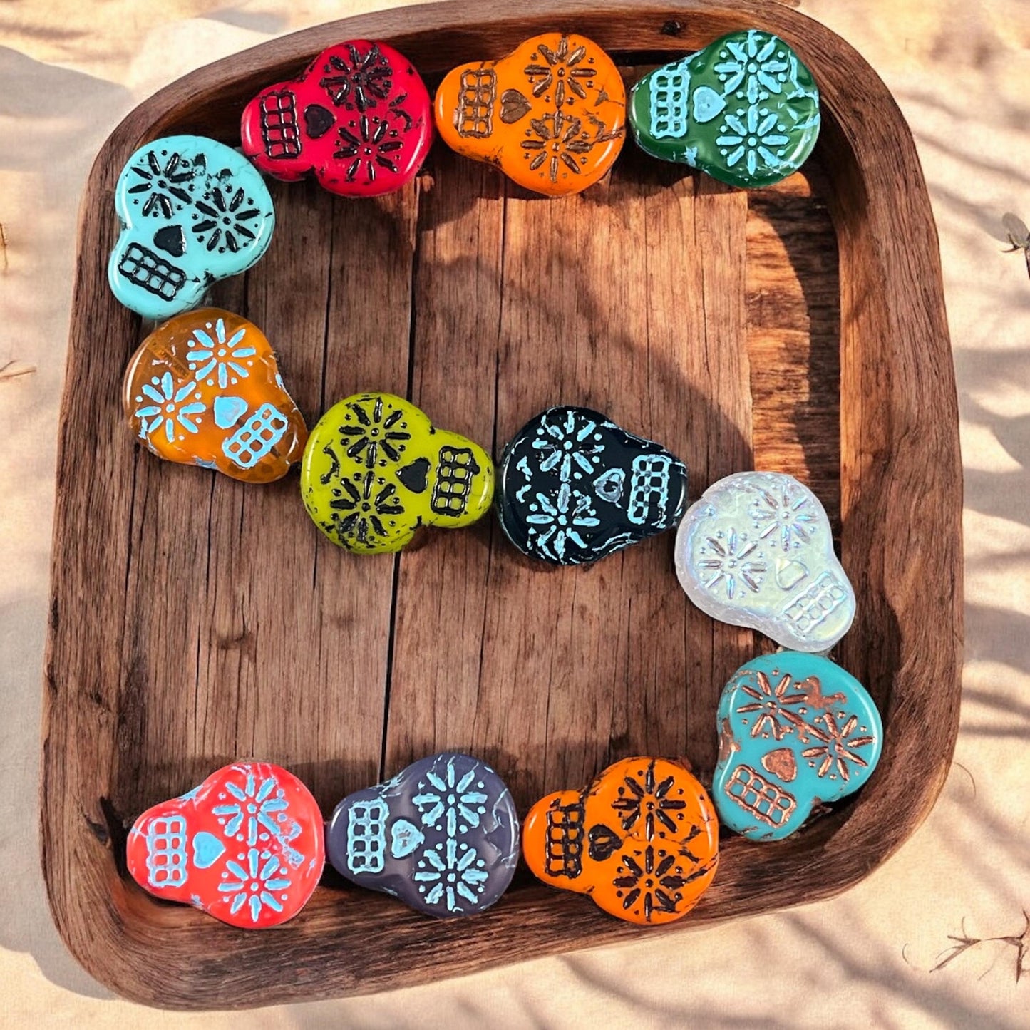 Czech Glass Sugar Skull Beads, Assortment Bead Soup Colorful Mix of Sugar Skull Beads (SS/Mix2) * Qty. 12