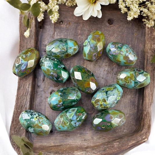Czech Beads, 12x8mm Faceted Oval, Blended Two-Tone Blue/Green Picasso (FOV/N-0252) * Qty. 8