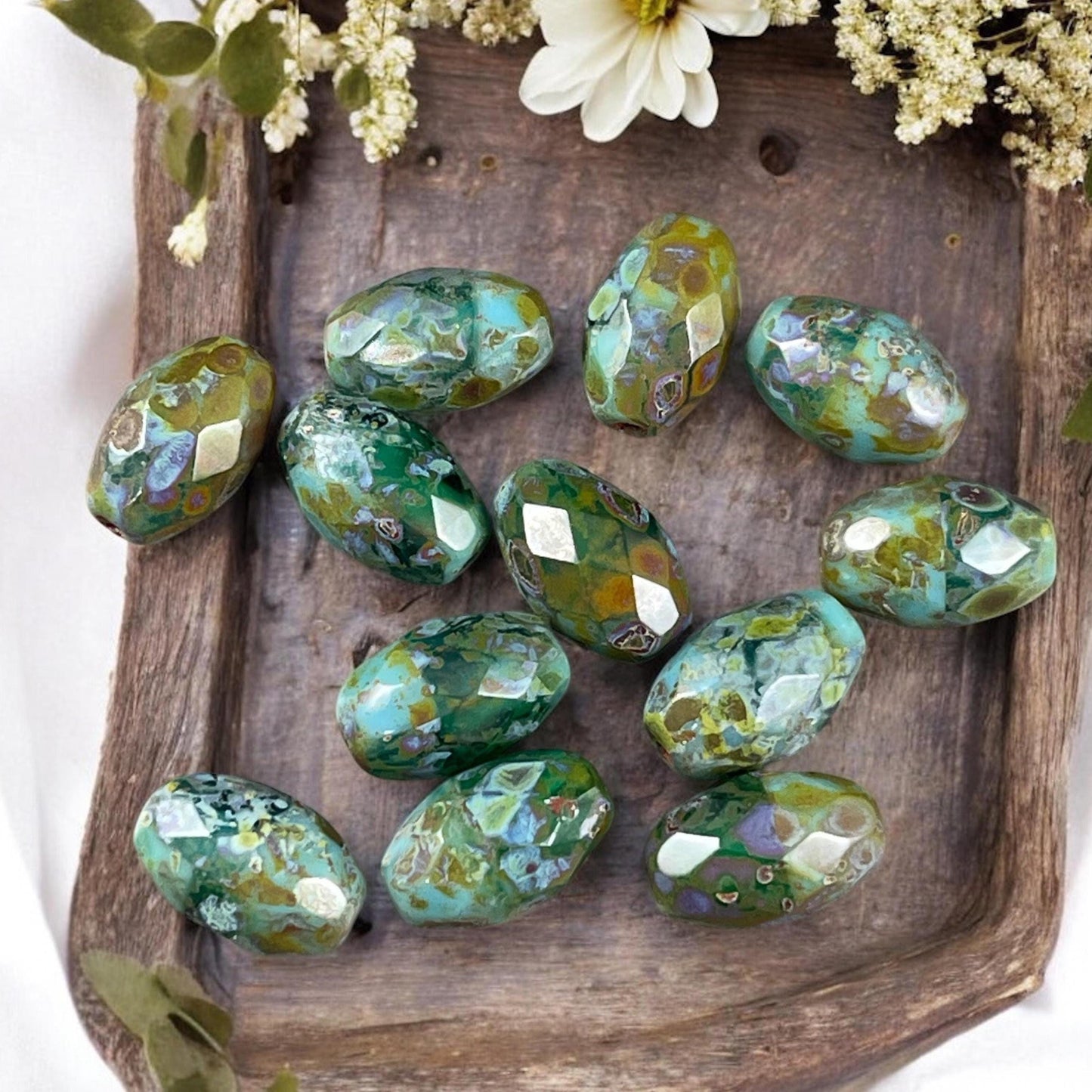 Czech Beads, 12x8mm Faceted Oval, Blended Two-Tone Blue/Green Picasso (FOV/N-0252) * Qty. 8