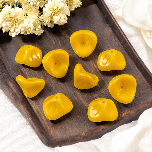 Opaque Yellow Flower Dark Purple 3-Petal Flower Beads Czech Glass Beads Opaque Flower 12x9mm Bell Flower Bead (FLLB/RJ-1090) * Qty. 8