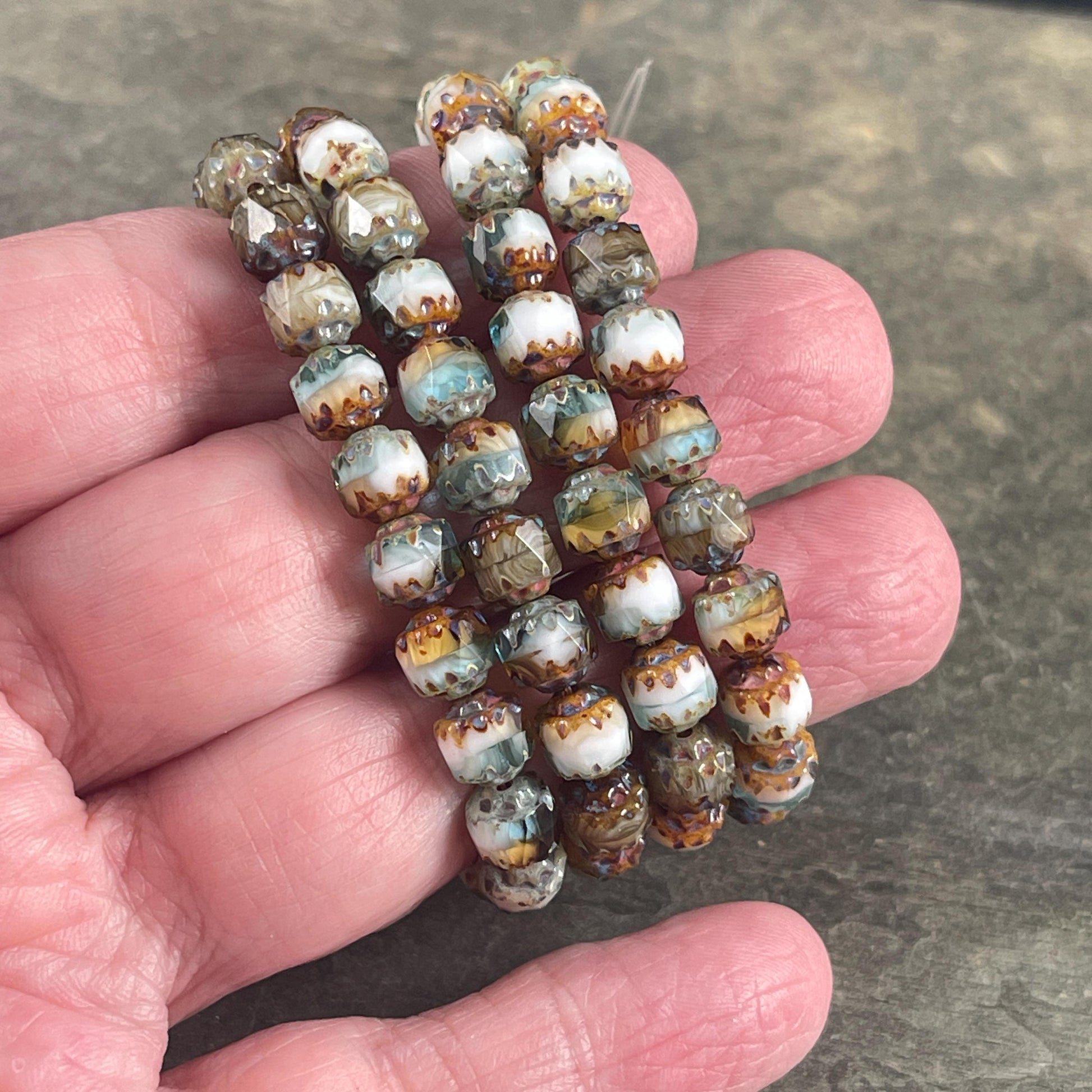 Czech Glass Beads - 6mm Faceted White, Aqua, Brown and Gold Picasso Beads, Cathedral Cut (CT6/N-041) * Qty. 20