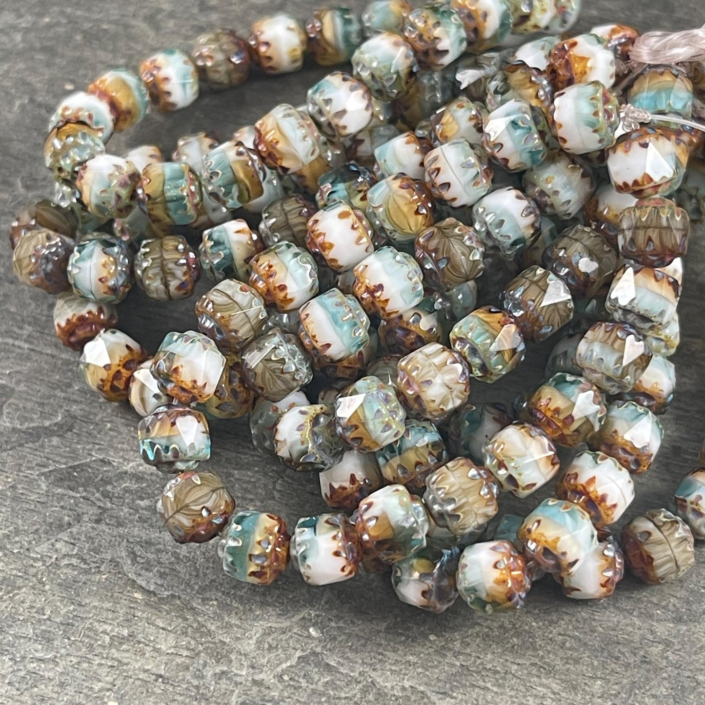 Czech Glass Beads - 6mm Faceted White, Aqua, Brown and Gold Picasso Beads, Cathedral Cut (CT6/N-041) * Qty. 20