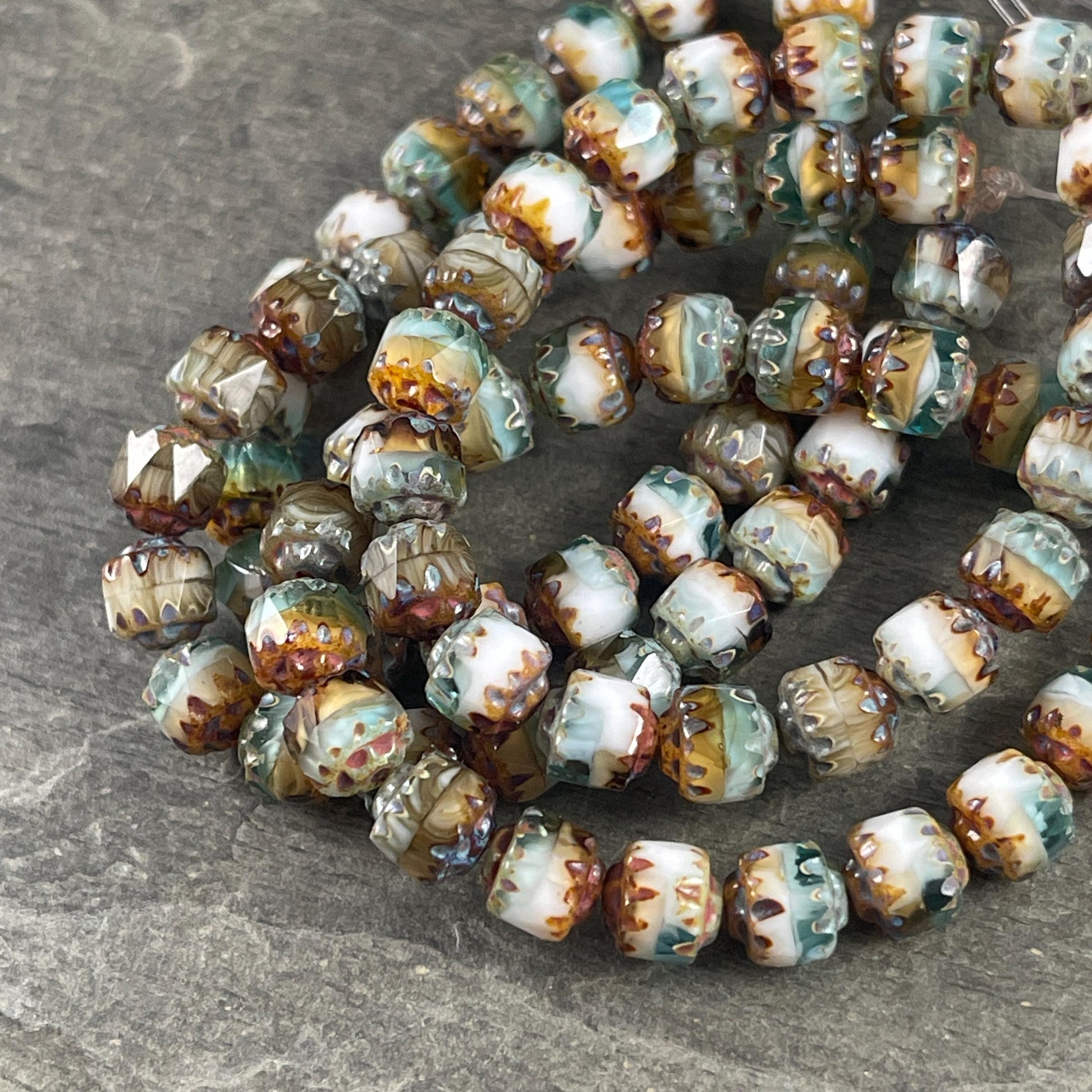 Czech Glass Beads - 6mm Faceted White, Aqua, Brown and Gold Picasso Beads, Cathedral Cut (CT6/N-041) * Qty. 20