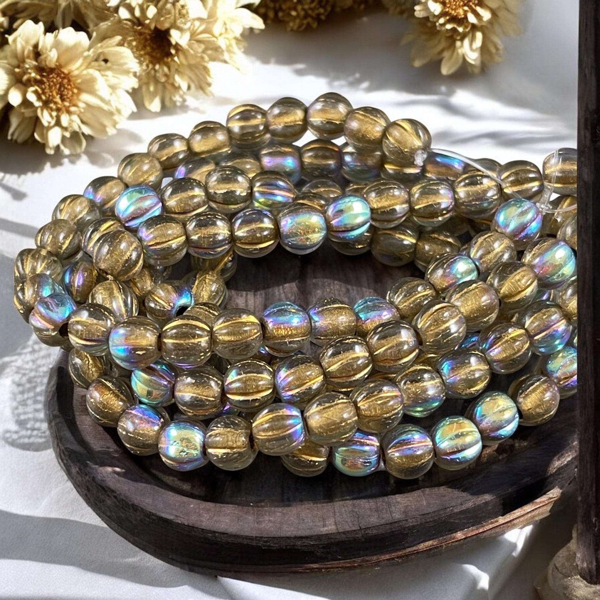 Transparent Gold AB Large Hole Beads Czech Glass Beads - 6mm Large Hole Melon 6mm Clear with Gold Wash and AB Finish (BH6/N-065) * Qty. 25