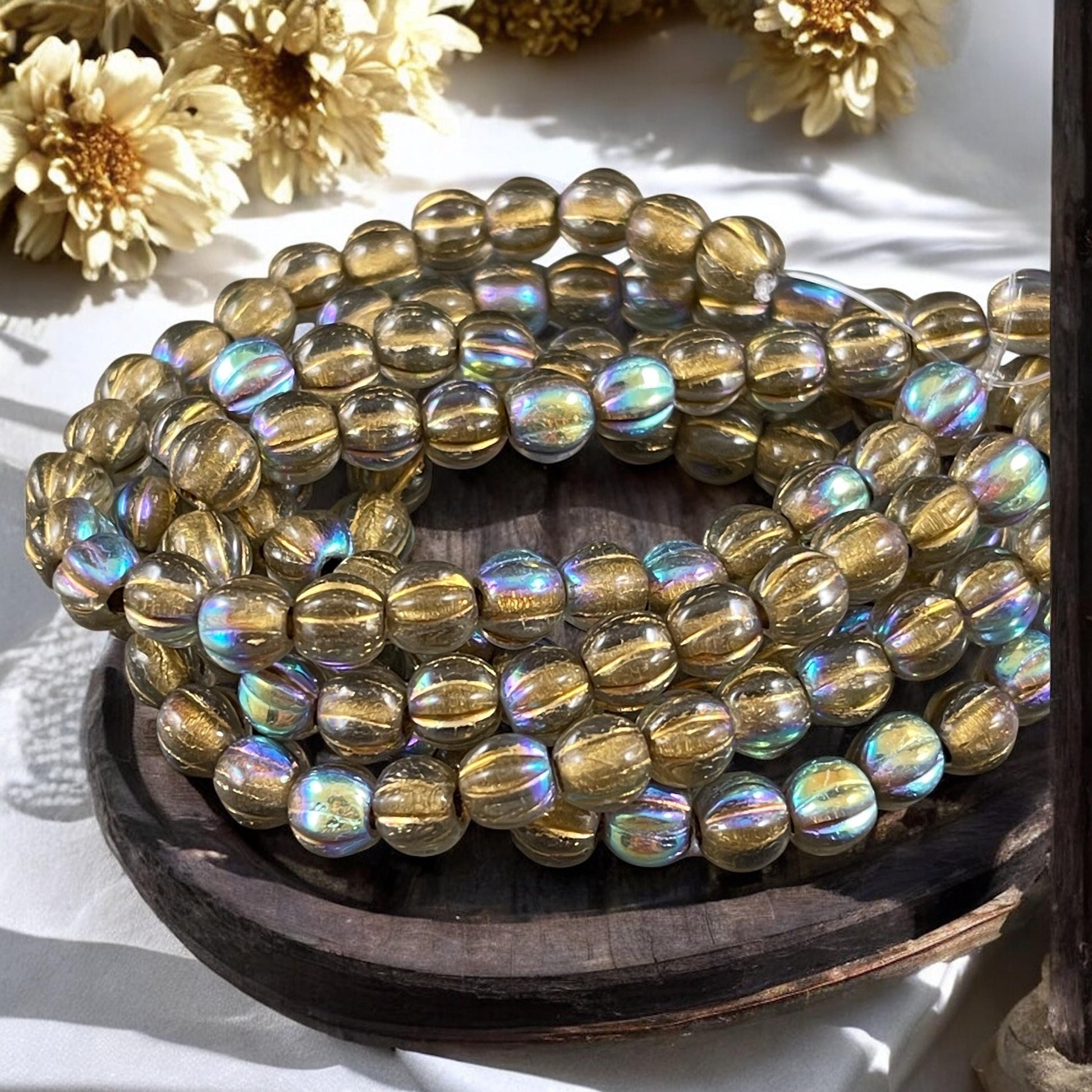Czech Glass Beads - 6mm Large Hole Melon, Transparent Gold with Gold Wash and AB Finish (BH6/N-065) * Qty. 25