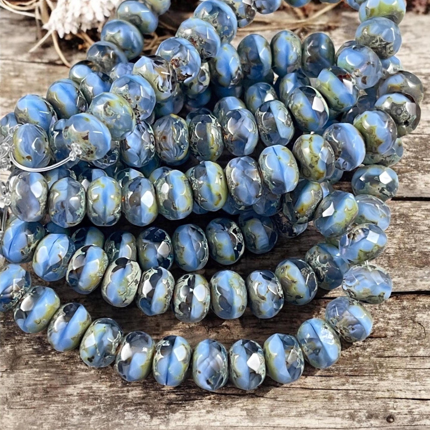 7x5mm Rondelle, Cornflower Blue and Transparent Glass with Picasso, Czech Glass Beads, Light Blue Picasso Bead (R7N-0821B) * Qty. 25