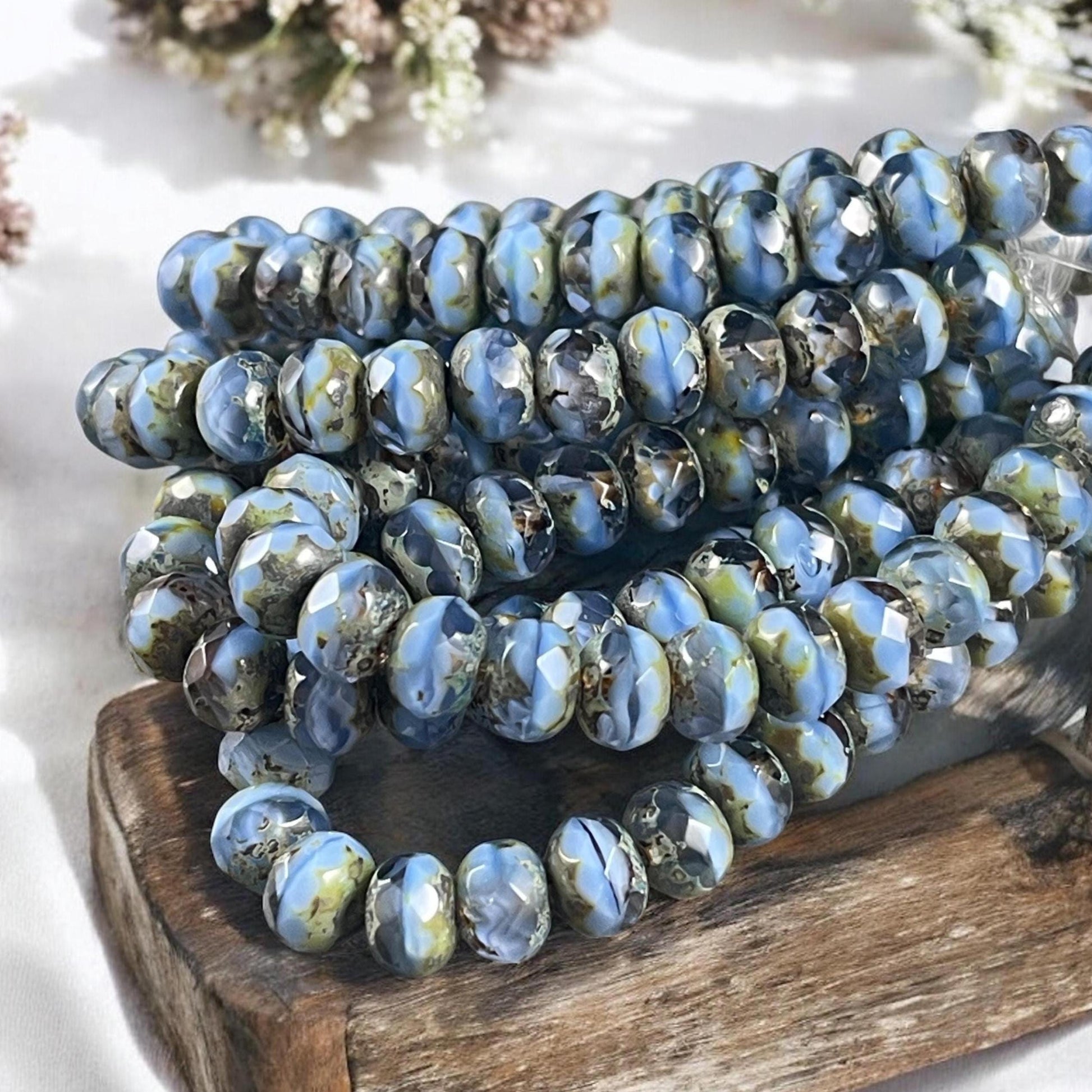 7x5mm Rondelle, Cornflower Blue and Transparent Glass with Picasso, Czech Glass Beads, Light Blue Picasso Bead (R7N-0821B) * Qty. 25