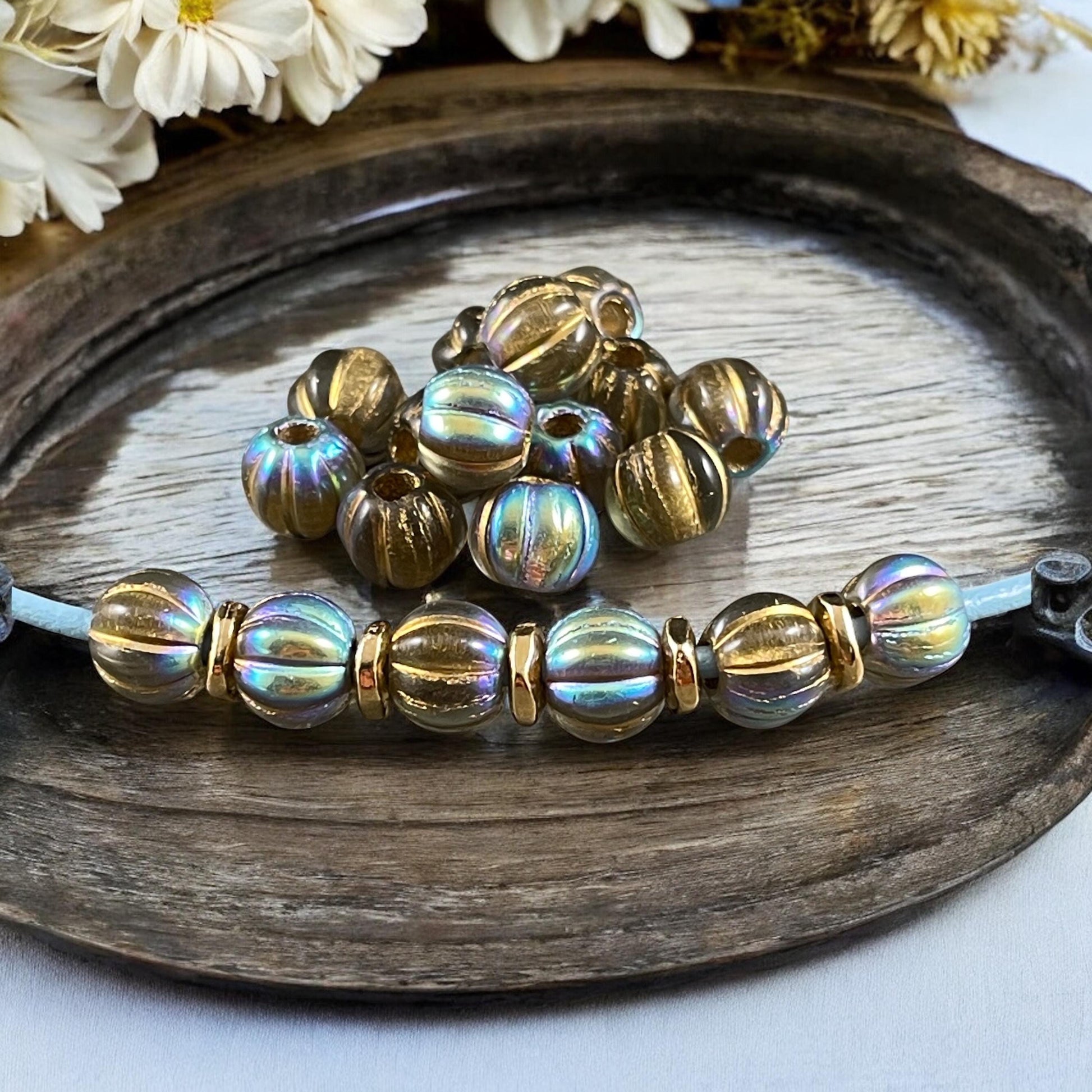 Czech Glass Beads - 8mm Gold Large Hole Melon Beads - Transparent Gold with Gold Wash and AB Finish (BH8/N-065) * Qty. 20