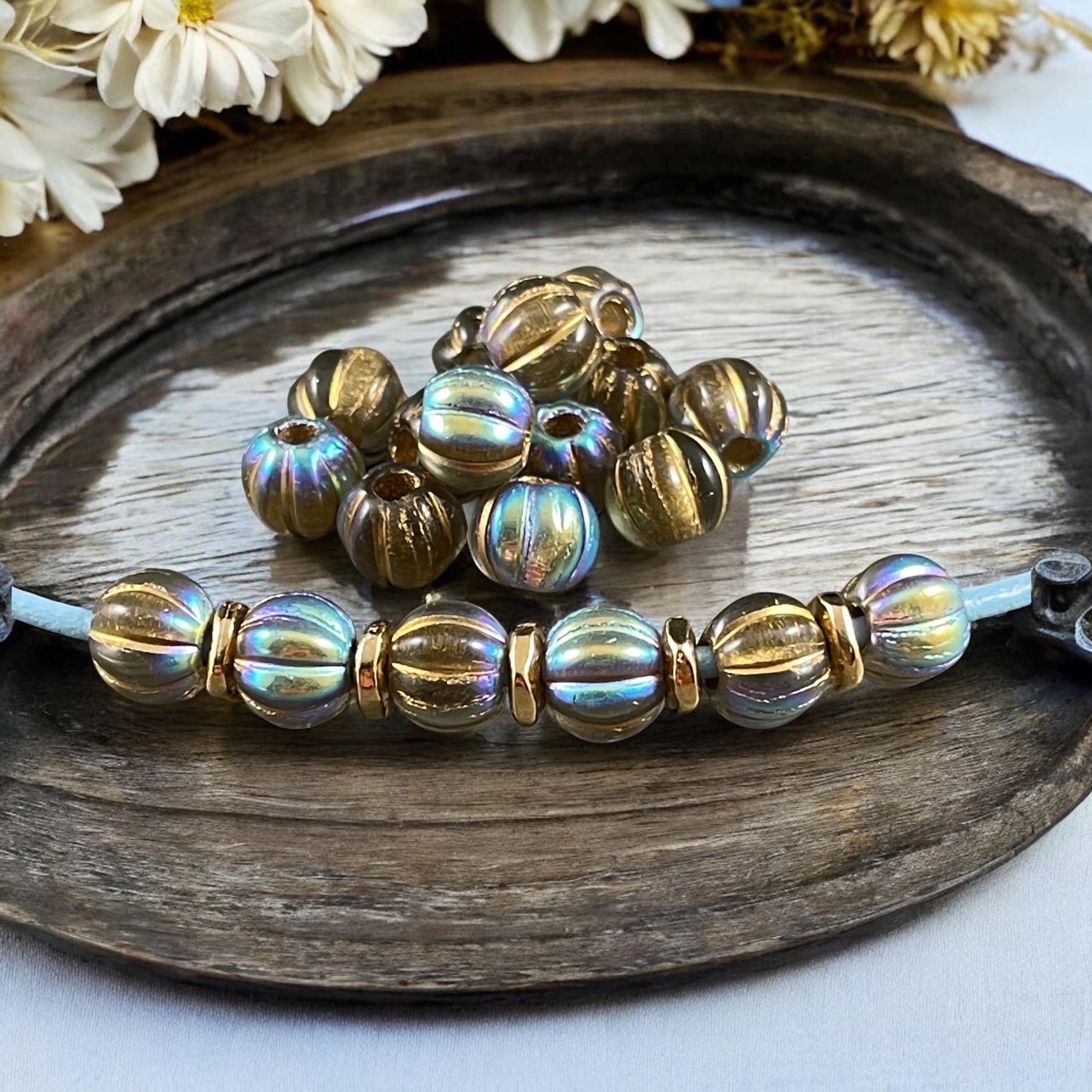 Czech Glass Beads - 8mm Large Hole Melon Beads - Transparent Gold with Gold Wash and AB Finish (BH8/N-065) * Qty. 20