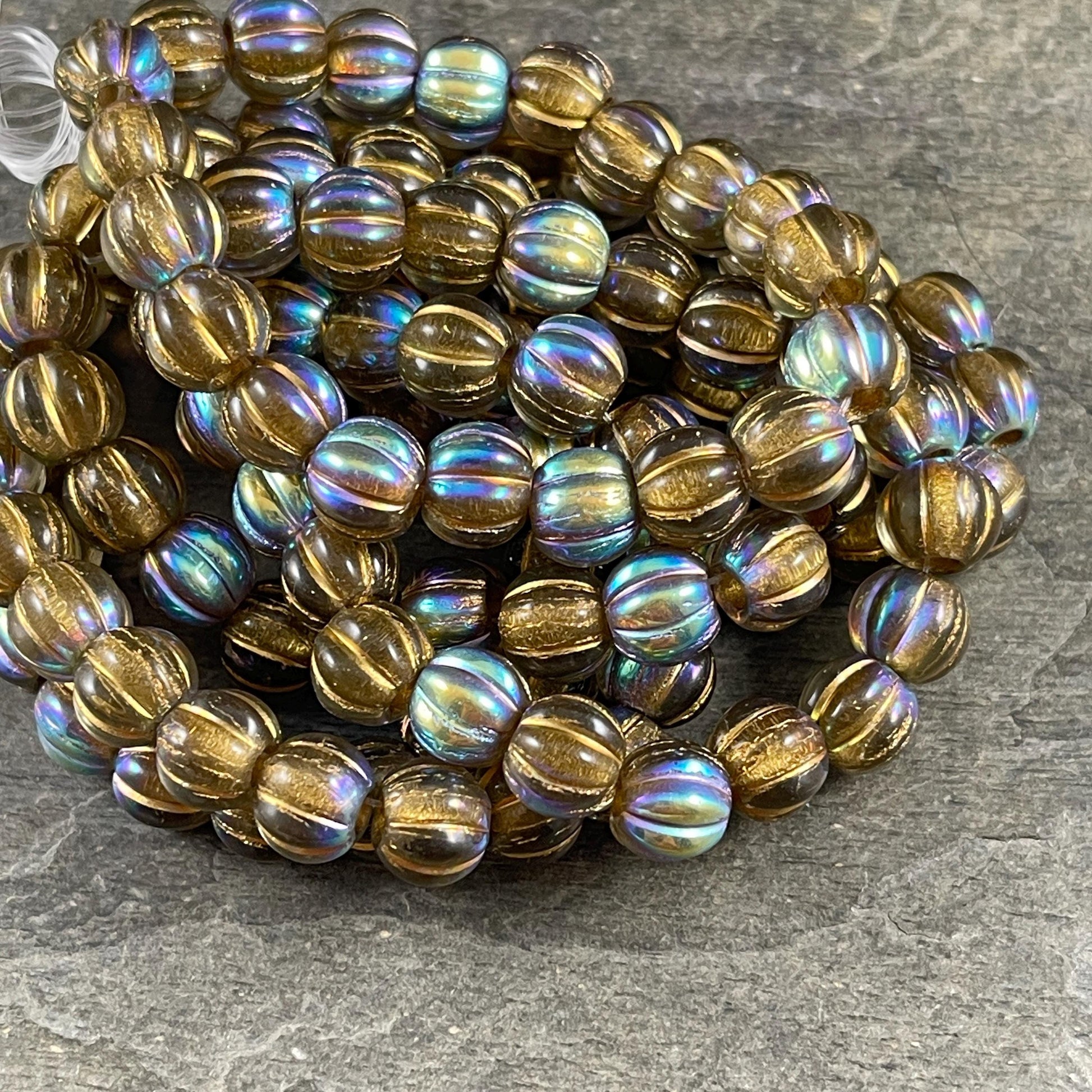 Czech Glass Beads - 8mm Gold Large Hole Melon Beads - Transparent Gold with Gold Wash and AB Finish (BH8/N-065) * Qty. 20