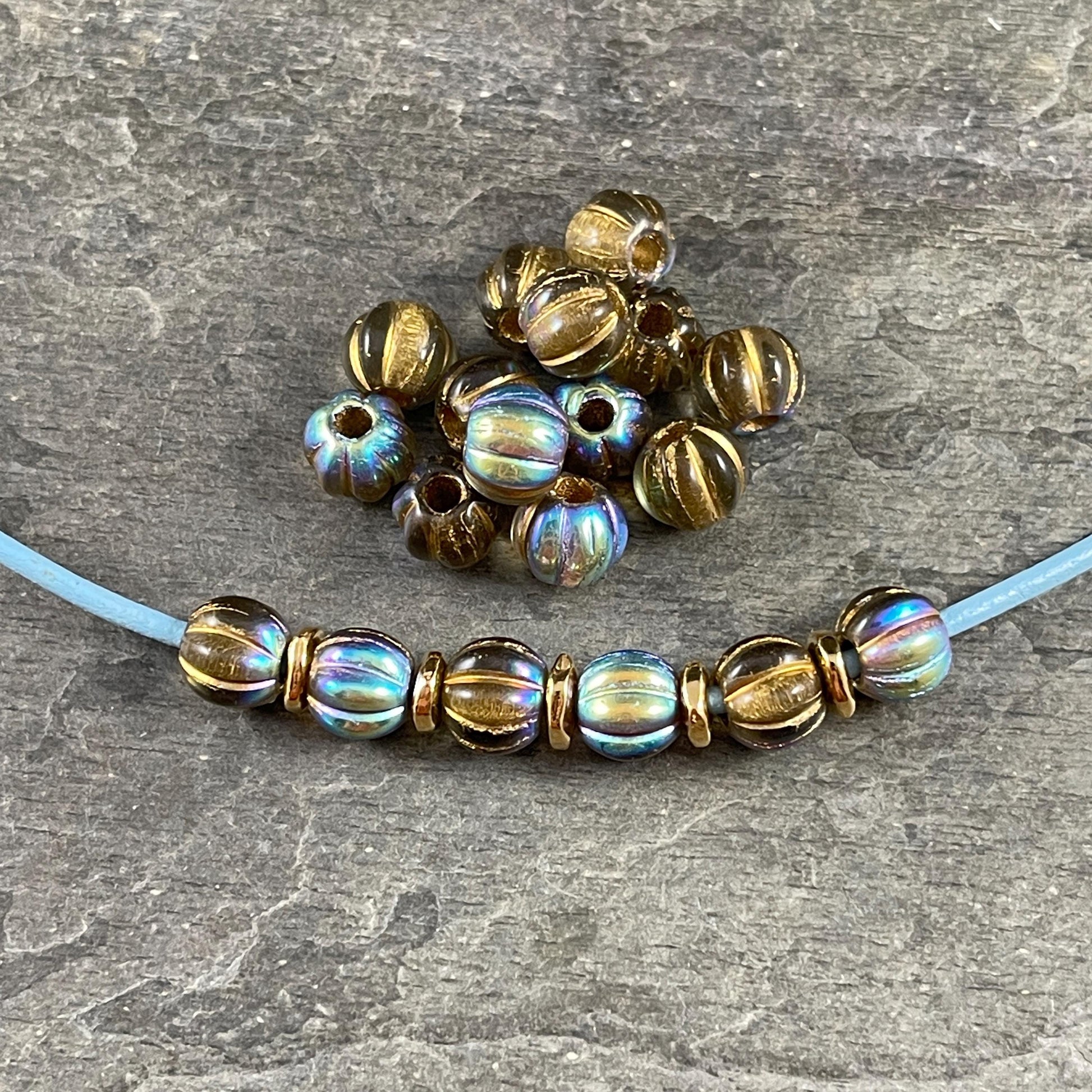 Czech Glass Beads - 8mm Gold Large Hole Melon Beads - Transparent Gold with Gold Wash and AB Finish (BH8/N-065) * Qty. 20