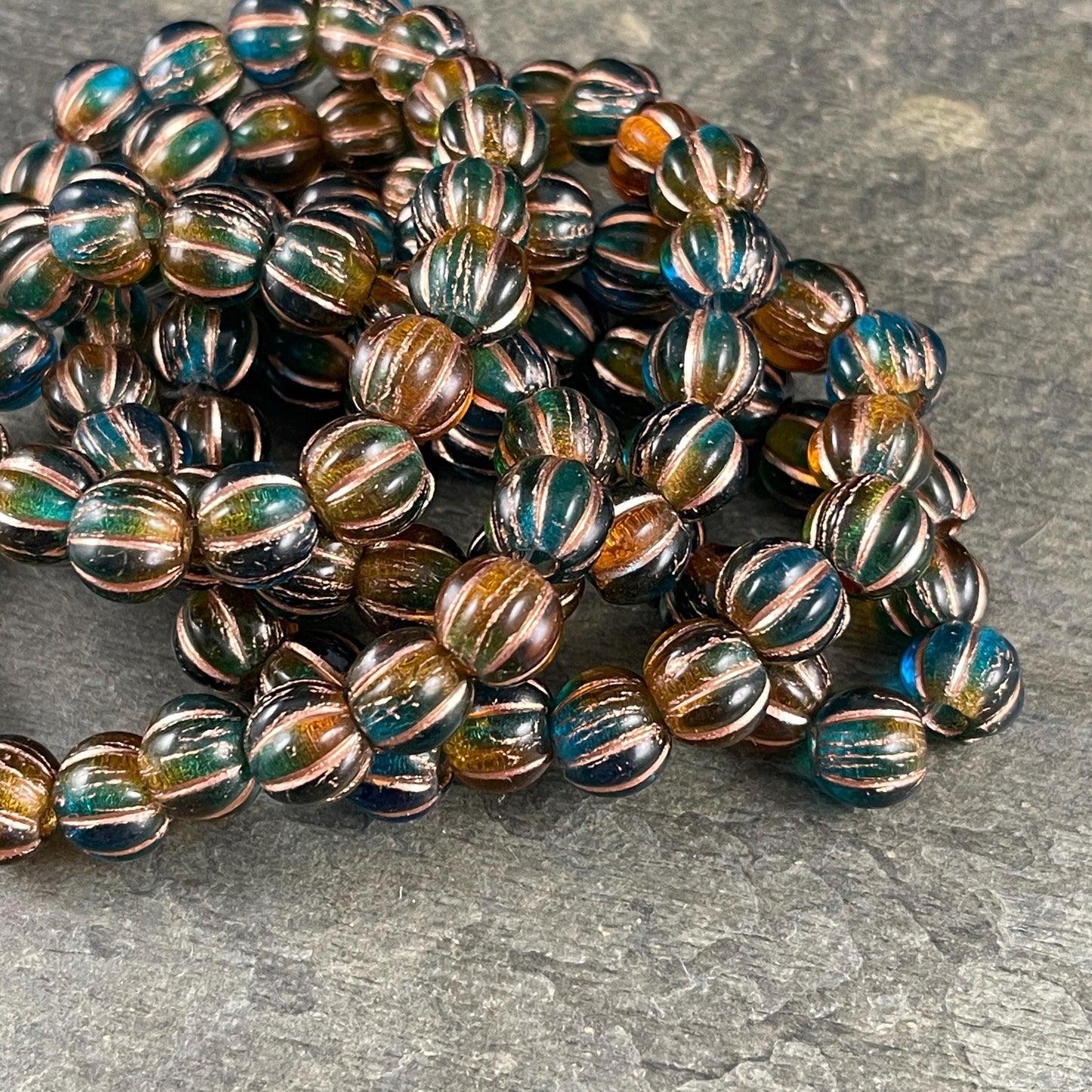 Czech Glass Beads - 8mm Large Hole Melon, Teal Blue, Green and Brown Round Beads (BH8/N-086) * Qty. 20