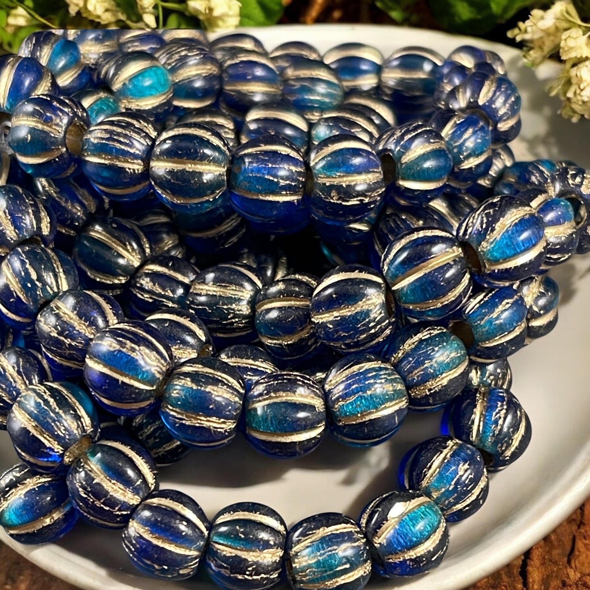 Czech Glass Beads - 8mm Blue Large Hole Melon Beads, Sapphire and Sky Blue with Gold Wash (BH8/N-064) * Qty. 20