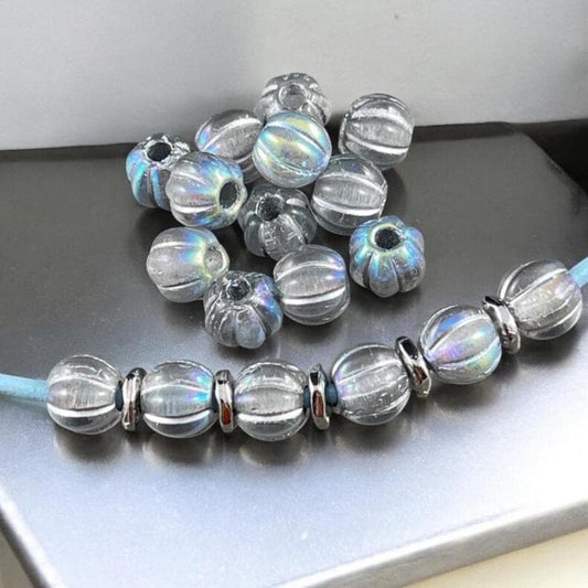 Czech Glass Beads - 8mm Silver Large Hole Melon Beads - Transparent Glass with Silver Wash and AB Finish (BH8/N-088) * Qty. 20