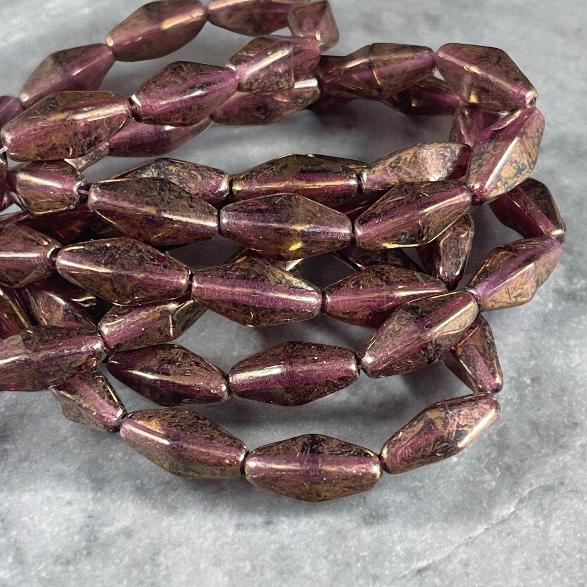 14x7mm Rhombus Beads, Czech Glass Beads, Dark Amethyst with Marbled Bronze Luster (RHO/0727) * Qty. 10 Beads