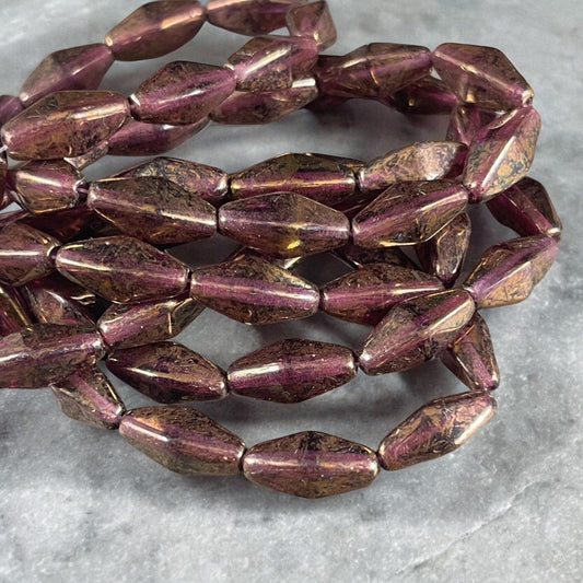 Czech Glass Beads - 14x7mm Rhombus Beads, Dark Amethyst with Marbled Bronze Luster (RHO/N-0727) * Qty. 10 Beads