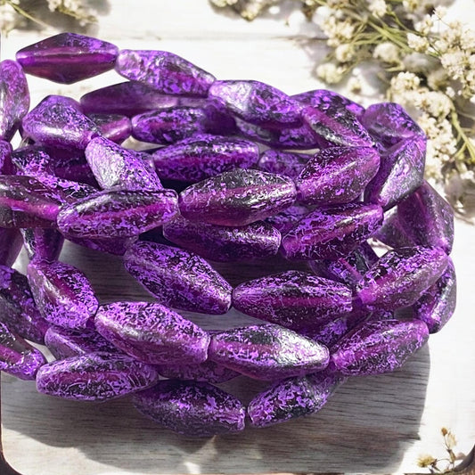 Czech Glass Beads - 14x7mm Rhombus Beads, Dark Purple Etched Glass with Purple Wash (RHO/N-2103) * Qty. 10 Beads