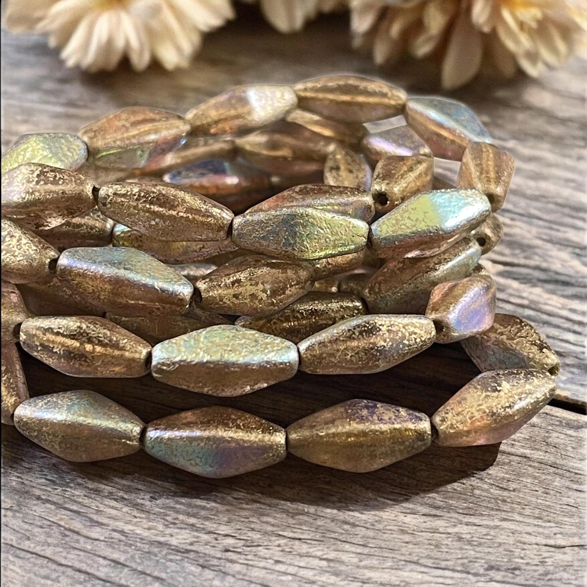 Czech Glass Beads - 14x7mm Rhombus Beads, Transparent Pale Pink, Etched Finish with Gold Wash and AB Finish (RHO/N-1671) * Qty. 10 Beads