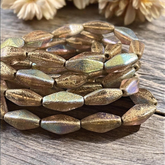 Czech Glass Beads - 14x7mm Rhombus Beads, Transparent Pale Pink, Etched Finish with Gold Wash and AB Finish (RHO/N-1671) * Qty. 10 Beads