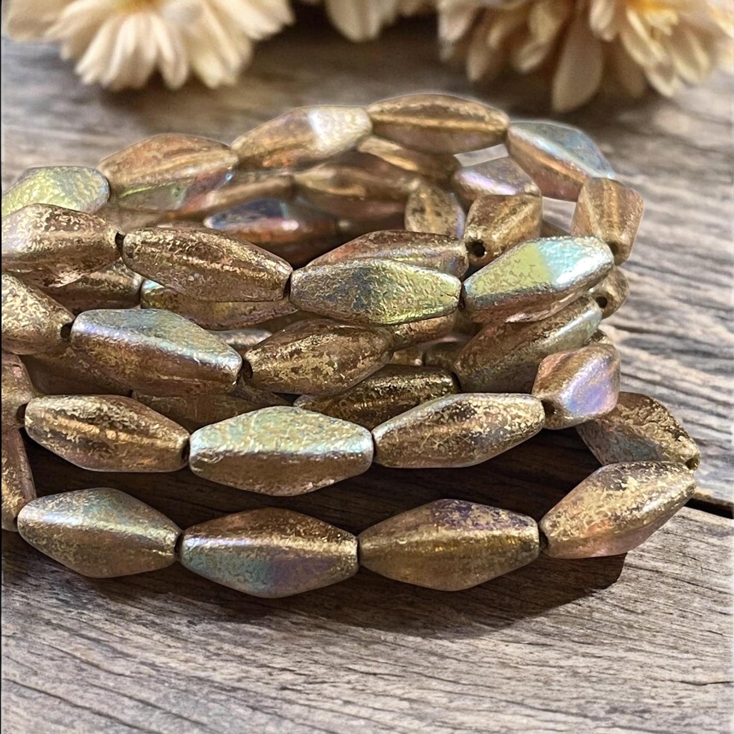 Czech Glass Beads - 14x7mm Rhombus, Transparent Pale Pink, Etched Finish with Gold Wash and AB Finish (RHO/N-1671) * 10 Beads