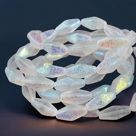 Czech Glass Beads - 14x7mm Rhombus Beads, Transparent White, Etched withAB Finish (RHO/N-2084) * Qty. 10 Beads
