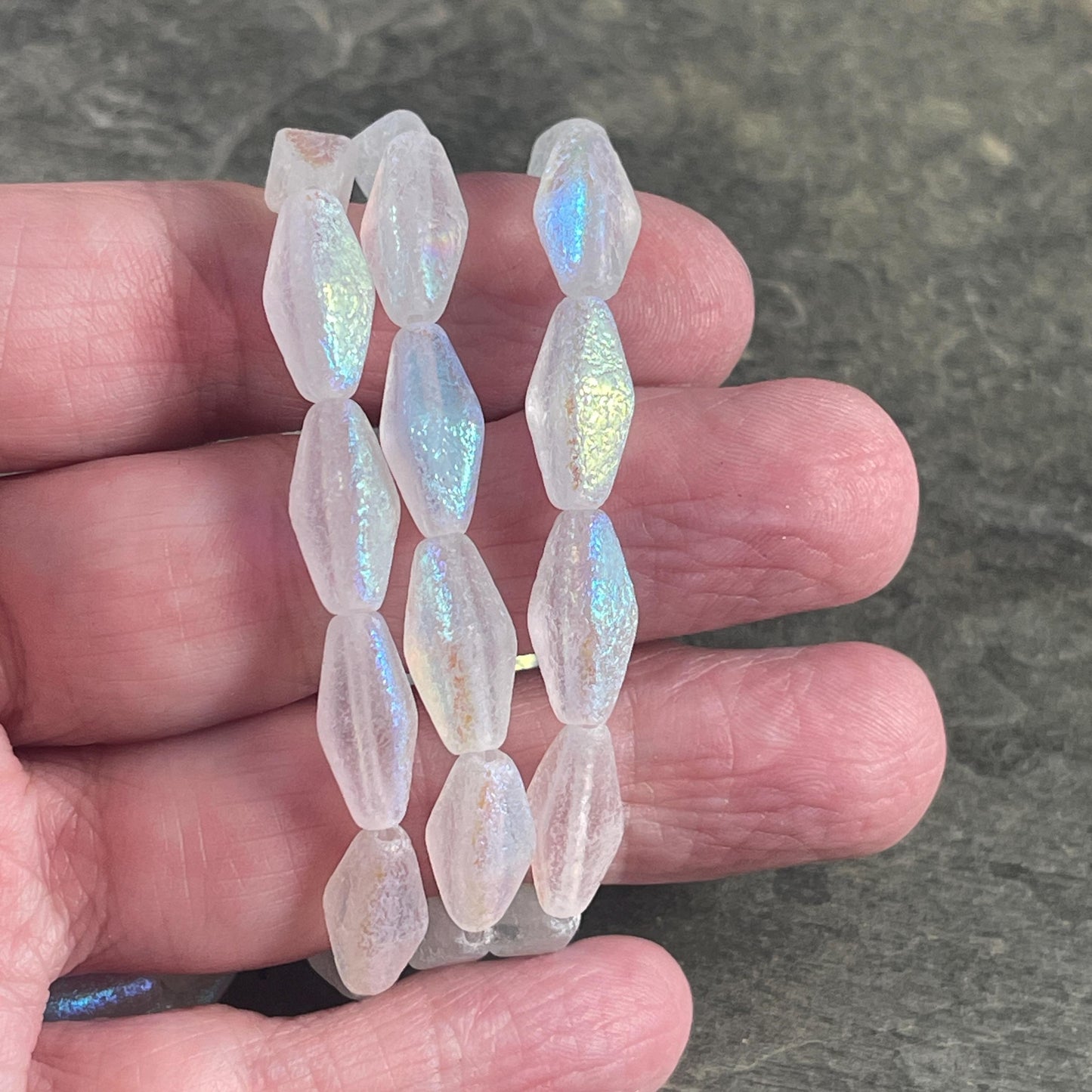 Czech Glass Beads - 14x7mm Rhombus Beads, Transparent White, Etched withAB Finish (RHO/N-2084) * Qty. 10 Beads