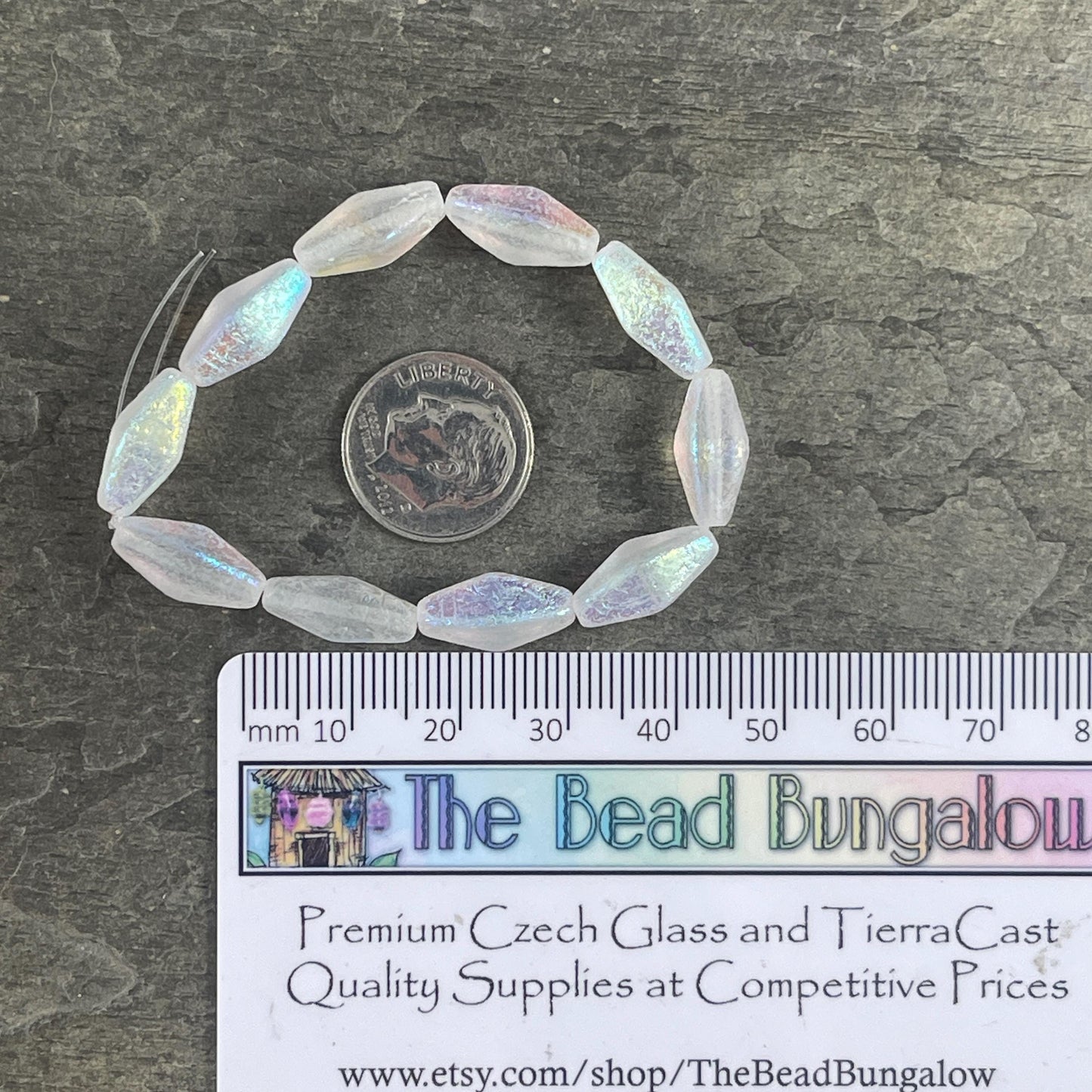 Czech Glass Beads - 14x7mm Rhombus Beads, Transparent White, Etched withAB Finish (RHO/N-2084) * Qty. 10 Beads