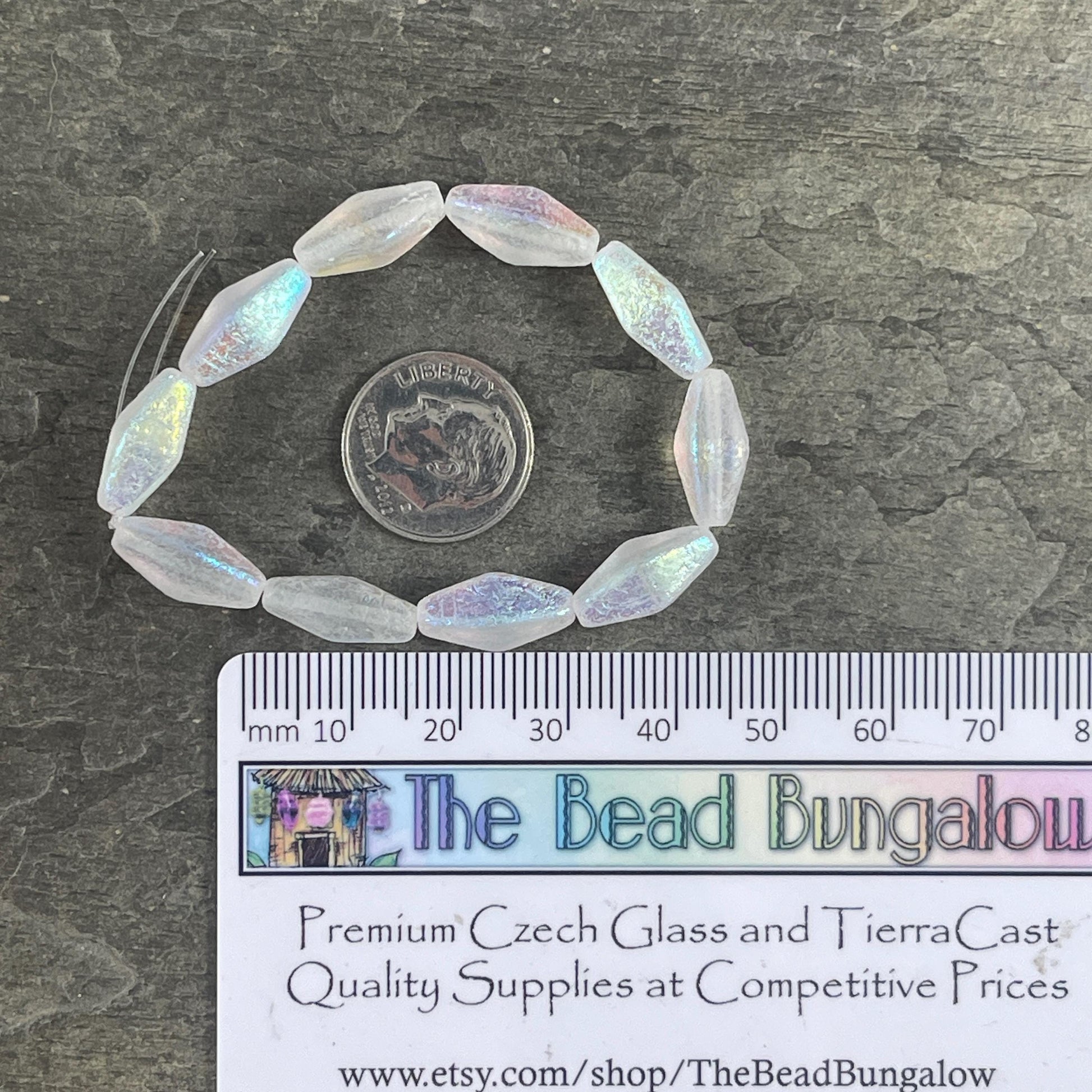 Czech Glass Beads - 14x7mm Rhombus Beads, Transparent White, Etched withAB Finish (RHO/N-2084) * Qty. 10 Beads