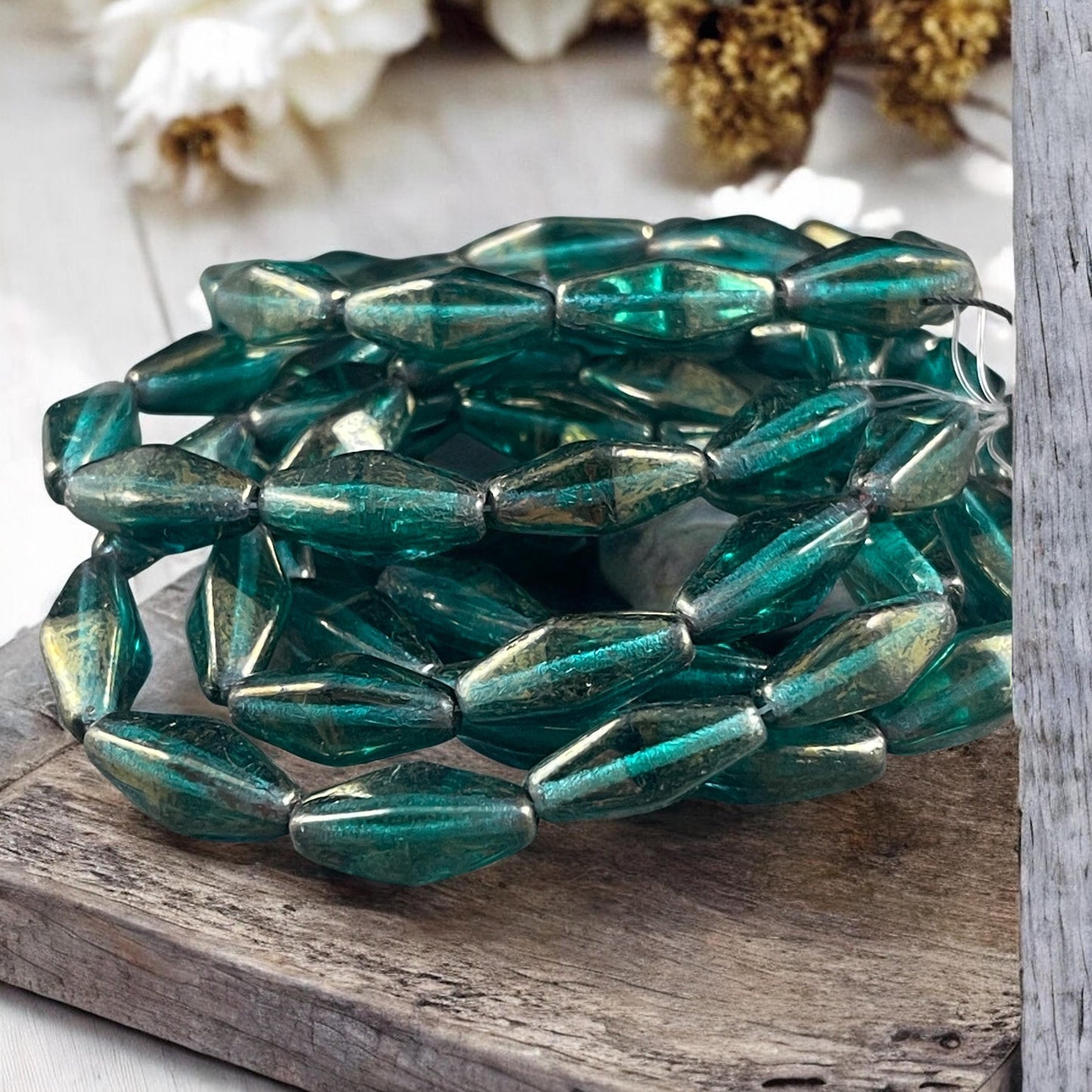 Czech Glass Beads - 14x7mm Rhombus Beads, Transparent Emerald Green with Golden Luster (RHO/N-1073) * Qty. 10 Beads