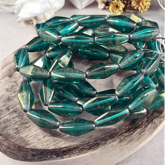 Czech Glass Beads - 14x7mm Rhombus Beads, Transparent Emerald Green with Golden Luster (RHO/N-1073) * Qty. 10 Beads