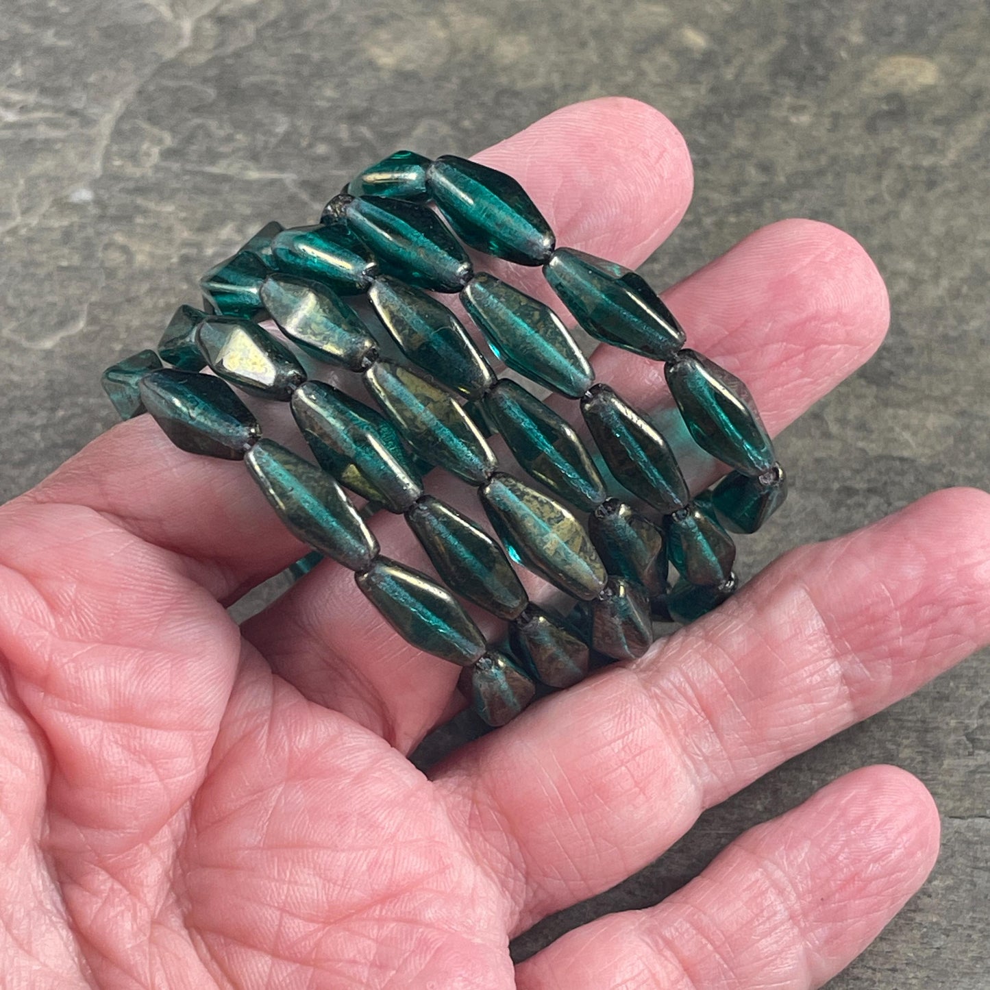 Czech Glass Beads - 14x7mm Rhombus Beads, Transparent Emerald Green with Golden Luster (RHO/N-1073) * Qty. 10 Beads