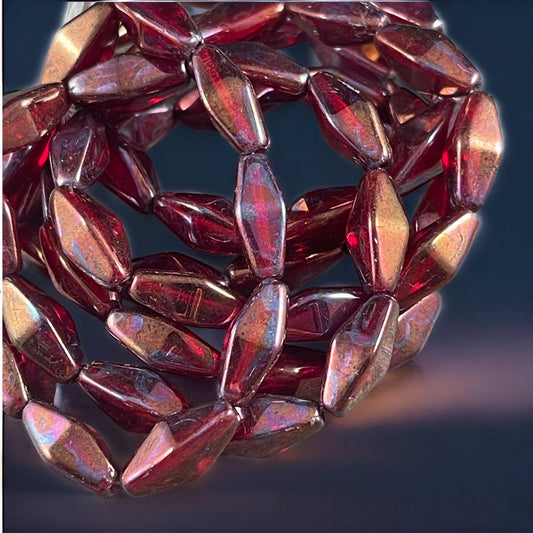 Czech Glass Beads - 14x7mm Rhombus Beads, Transparent Ruby Red with Metallic Rust and Purple Finish (RHO/N-2078) * Qty. 10 Beads