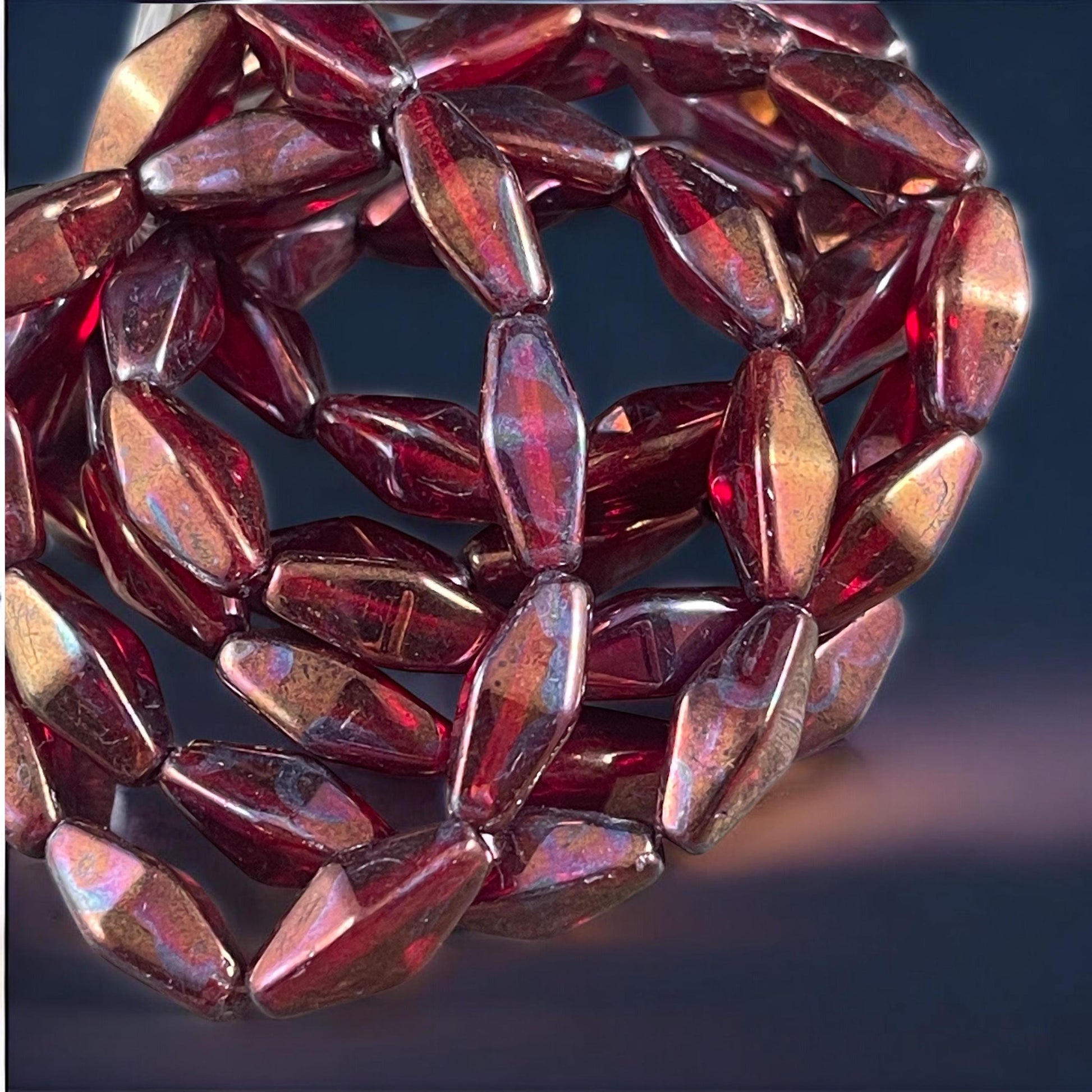 Czech Glass Beads - 14x7mm Rhombus Beads, Transparent Ruby Red with Metallic Rust and Purple Finish (RHO/N-2078) * Qty. 10 Beads