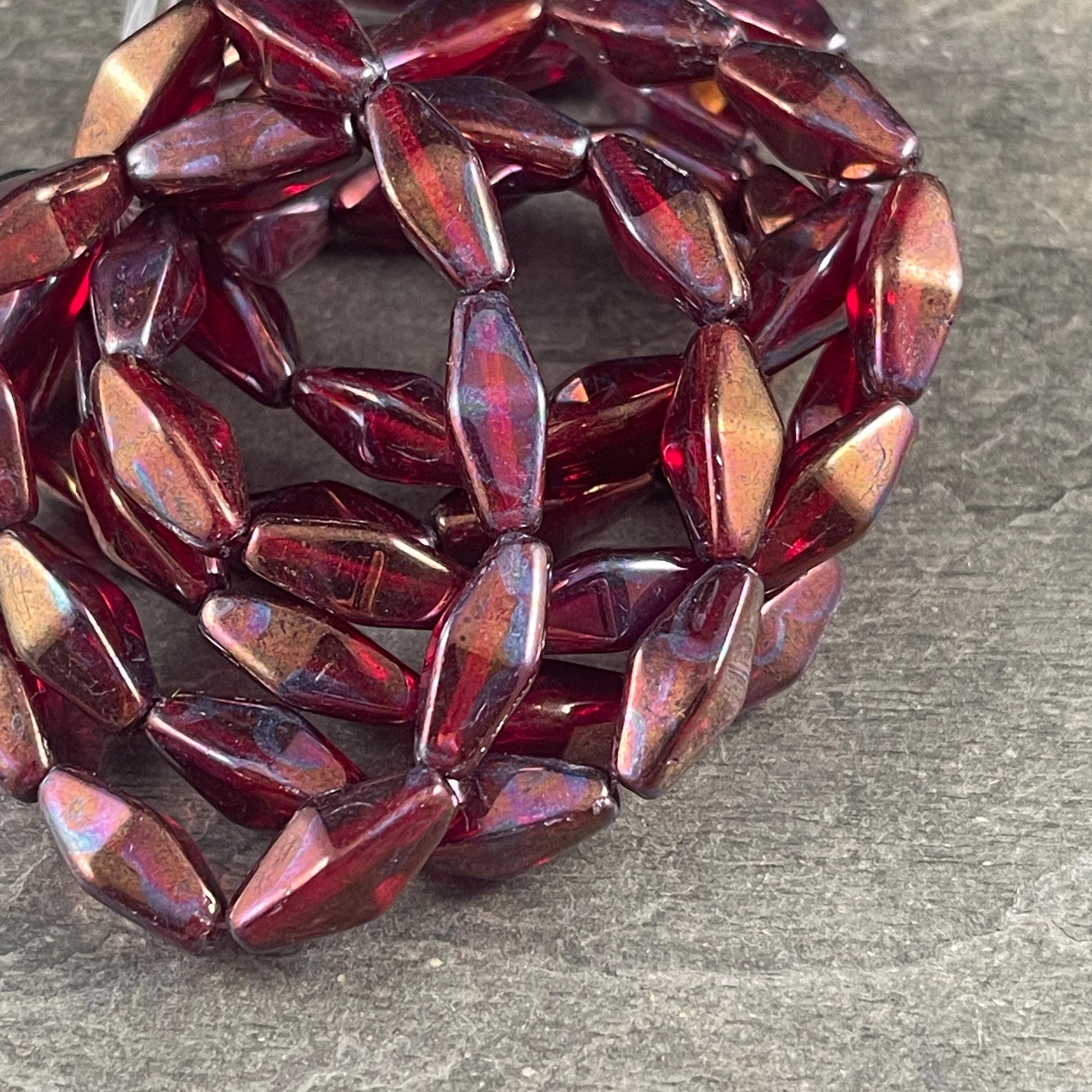 Czech Glass Beads - 14x7mm Rhombus Beads, Transparent Ruby Red with Metallic Rust and Purple Finish (RHO/N-2078) * Qty. 10 Beads
