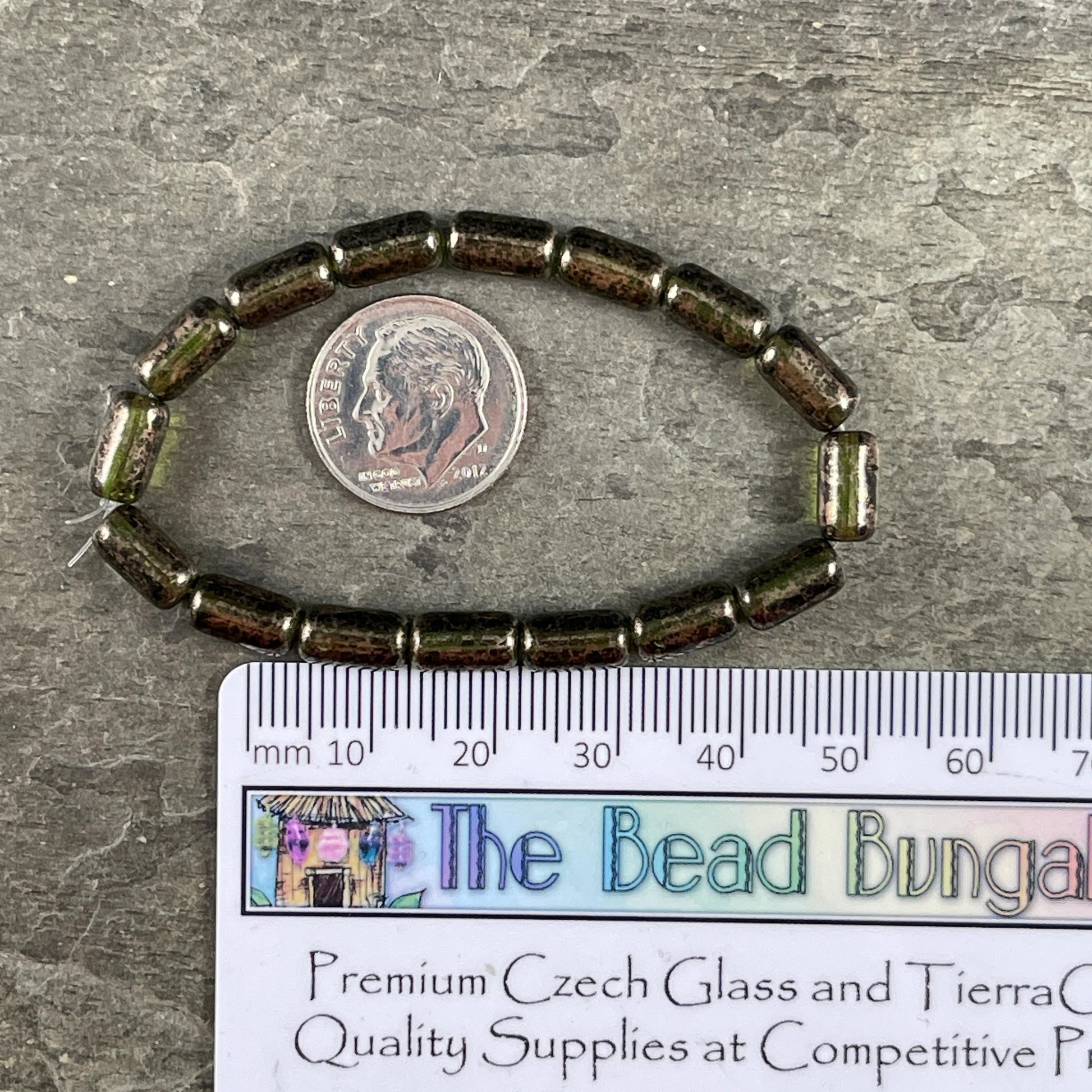 Czech Glass Beads - Olive Green 9x5mm Tube Bead, Transparent Olive Green with Gold Wash (TBE/N-2113) * Qty. 16