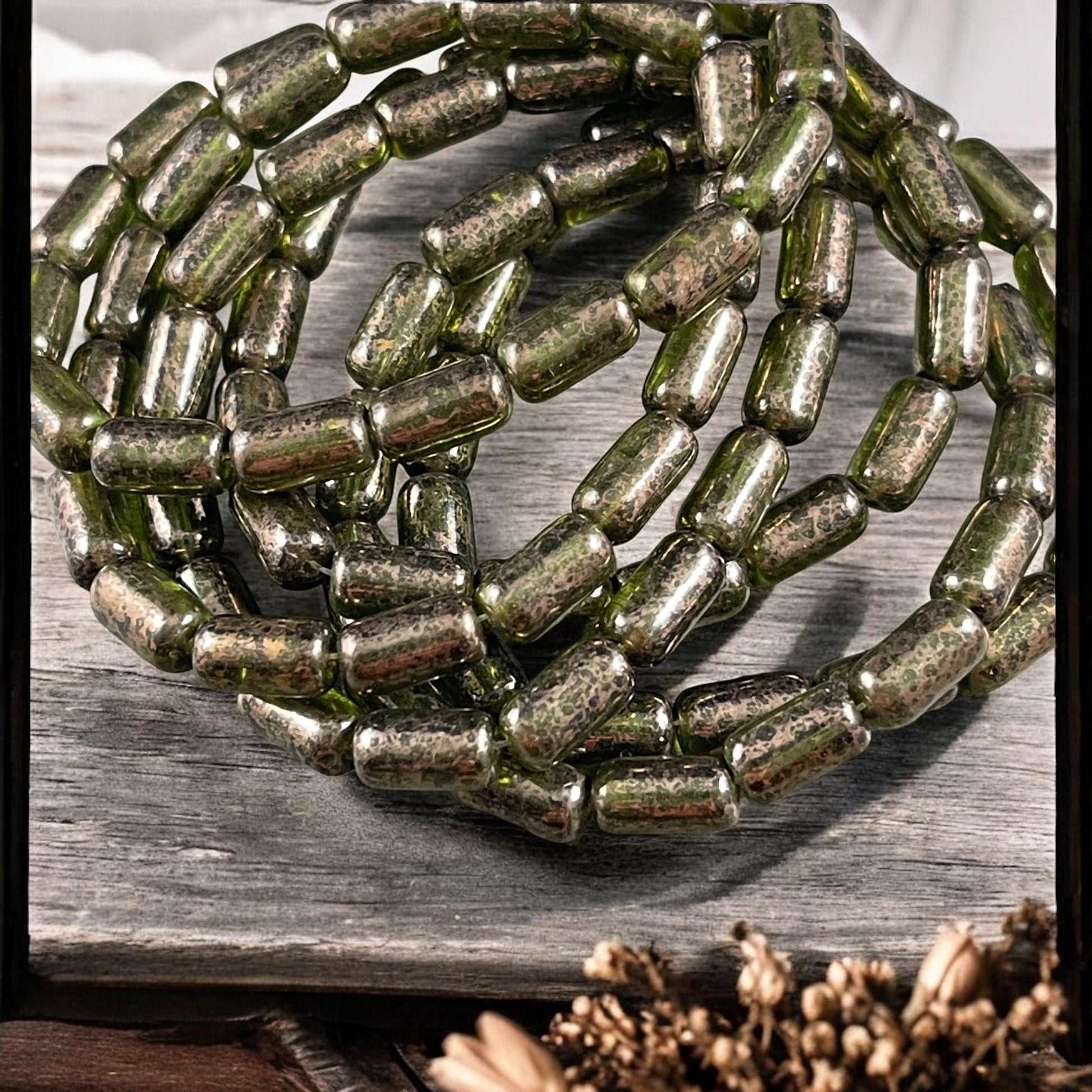 Czech Glass Beads - Olive Green 9x5mm Tube Bead, Transparent Olive Green with Gold Wash (TBE/N-2113) * Qty. 16