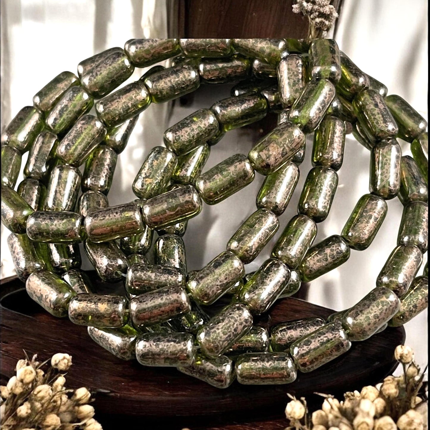 Czech Glass Beads - Olive Green 9x5mm Tube Bead, Transparent Olive Green with Gold Wash (TBE/N-2113) * Qty. 16