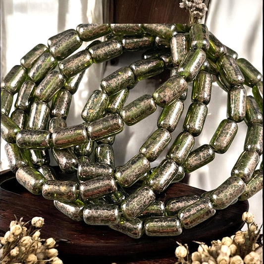 Czech Glass Beads - Olive Green 9x5mm Tube Bead, Transparent Olive Green with Gold Wash (TBE/N-2113) * Qty. 16