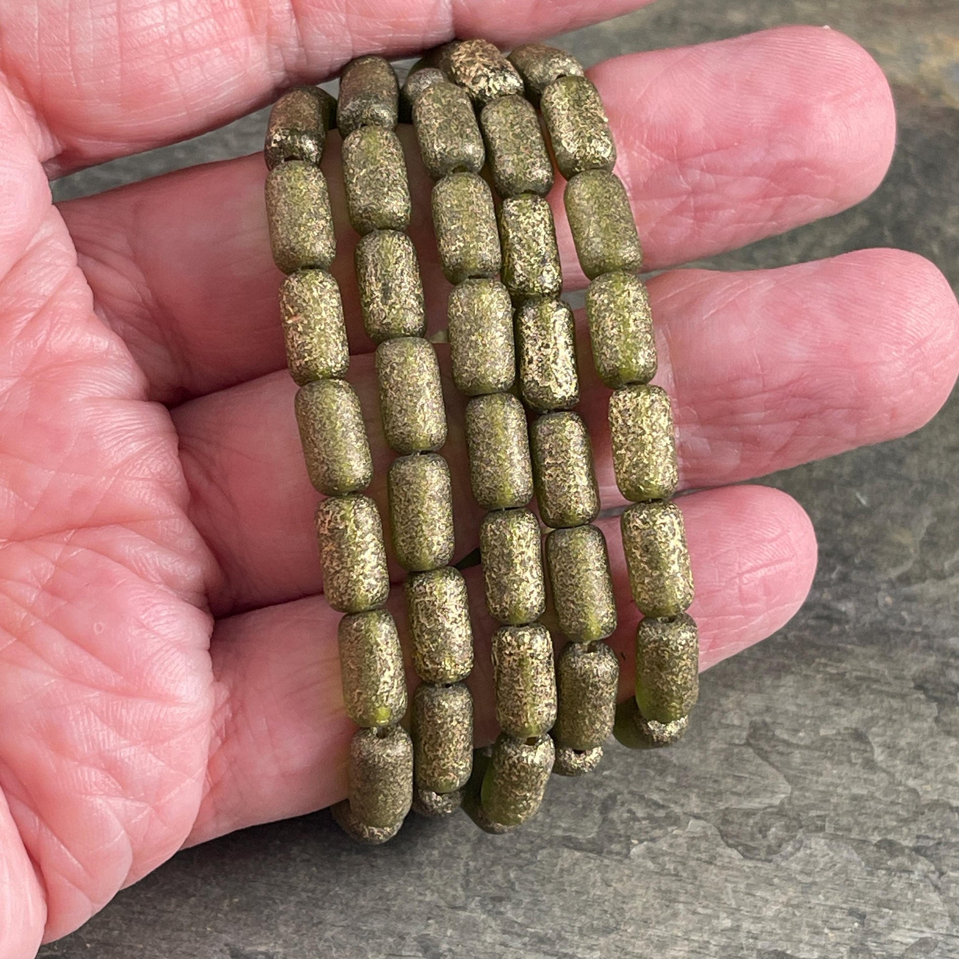 Czech Glass Beads - Etched Peridot Green 9x5mm Tube Bead, Peridot Green with Gold Wash (TBE/N-2114) * Qty. 16