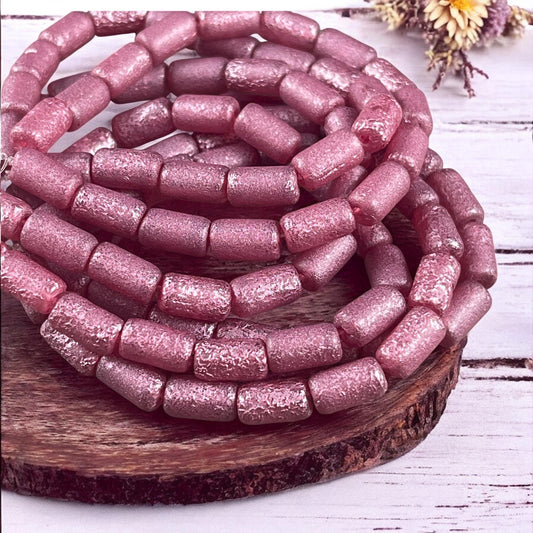Czech Glass Beads - Etched Pink 9x5mm Tube Bead, Pink Glass with Metallic Pink Wash (TBE/N-2117) * Qty. 16
