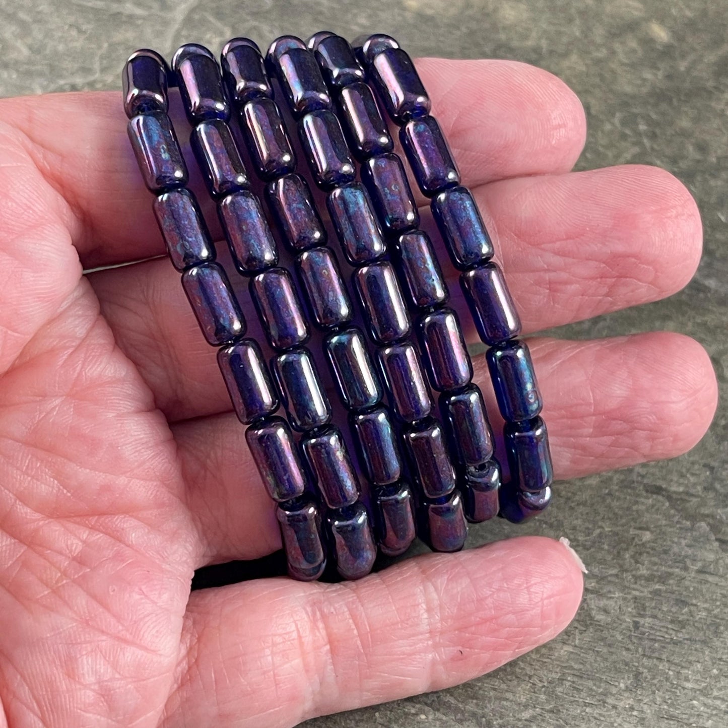 Czech Glass Beads - Dark Blue 9x5mm Tube Bead, Dark Sapphire Blue with Mother of Pearl Iridescent Finish (TBE/N-2115) * Qty. 16