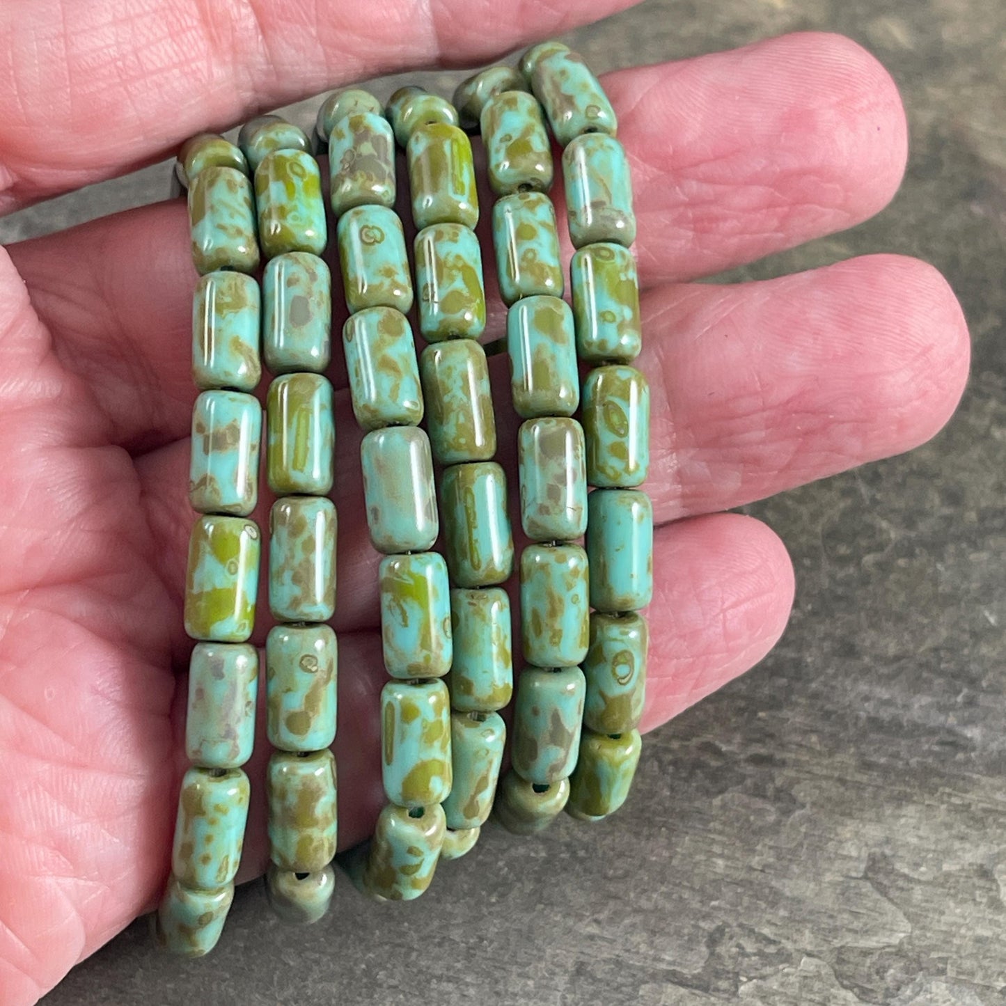 Czech Glass Beads - Turquoise Picasso 9x5mm Tube Bead, Tea Green with Picasso Finish (TBE/N-2119) * Qty. 16