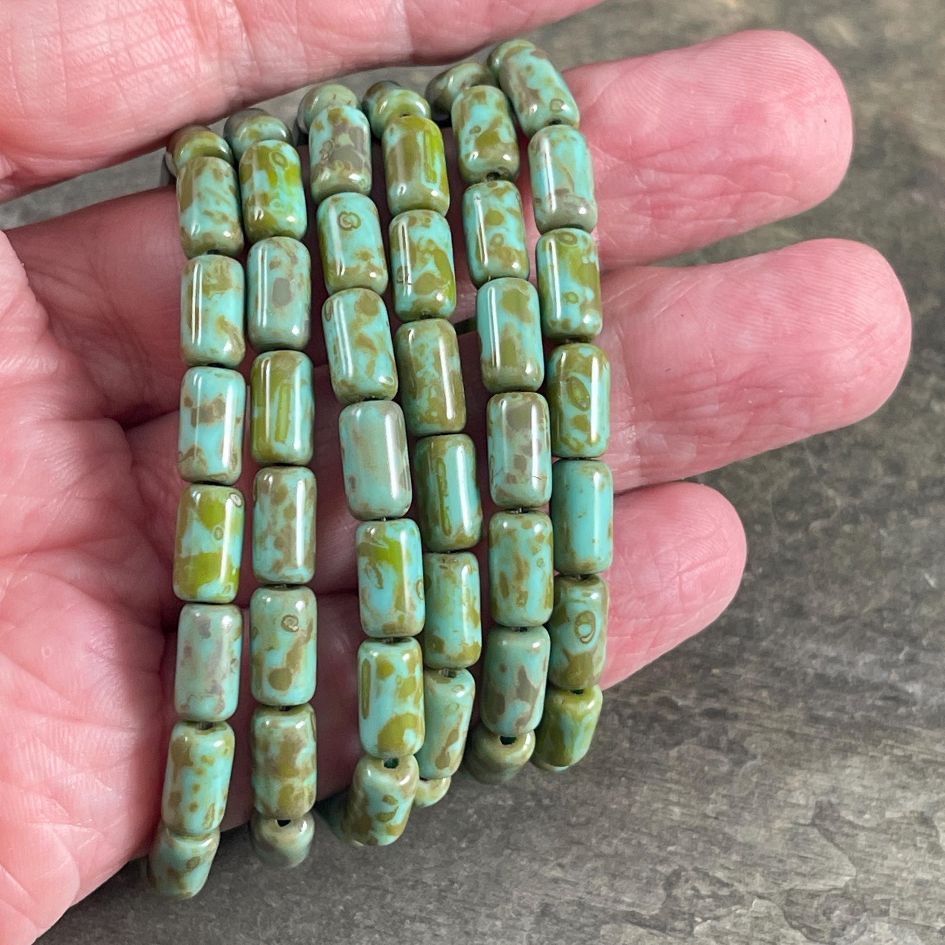 Czech Glass Beads - Turquoise Picasso 9x5mm Tube Bead, Tea Green with Picasso Finish (TBE/N-2119) * Qty. 16
