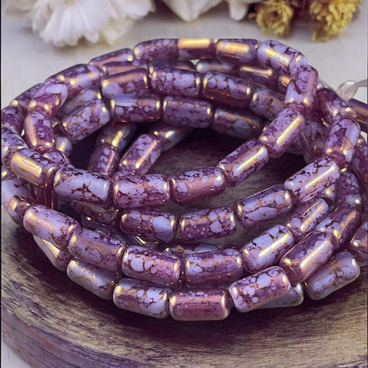 Czech Glass Beads - Purple 9x5mm Tube Bead, Thistle and Plum Picasso Beads (TBE/N-2111) * Qty. 16