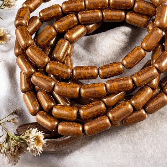 Czech Glass Beads - Dark Orange and Bronze 9x5mm Tube Bead, Burnt Orange with Bronze Picasso (TBE/N-2107) * Qty. 16