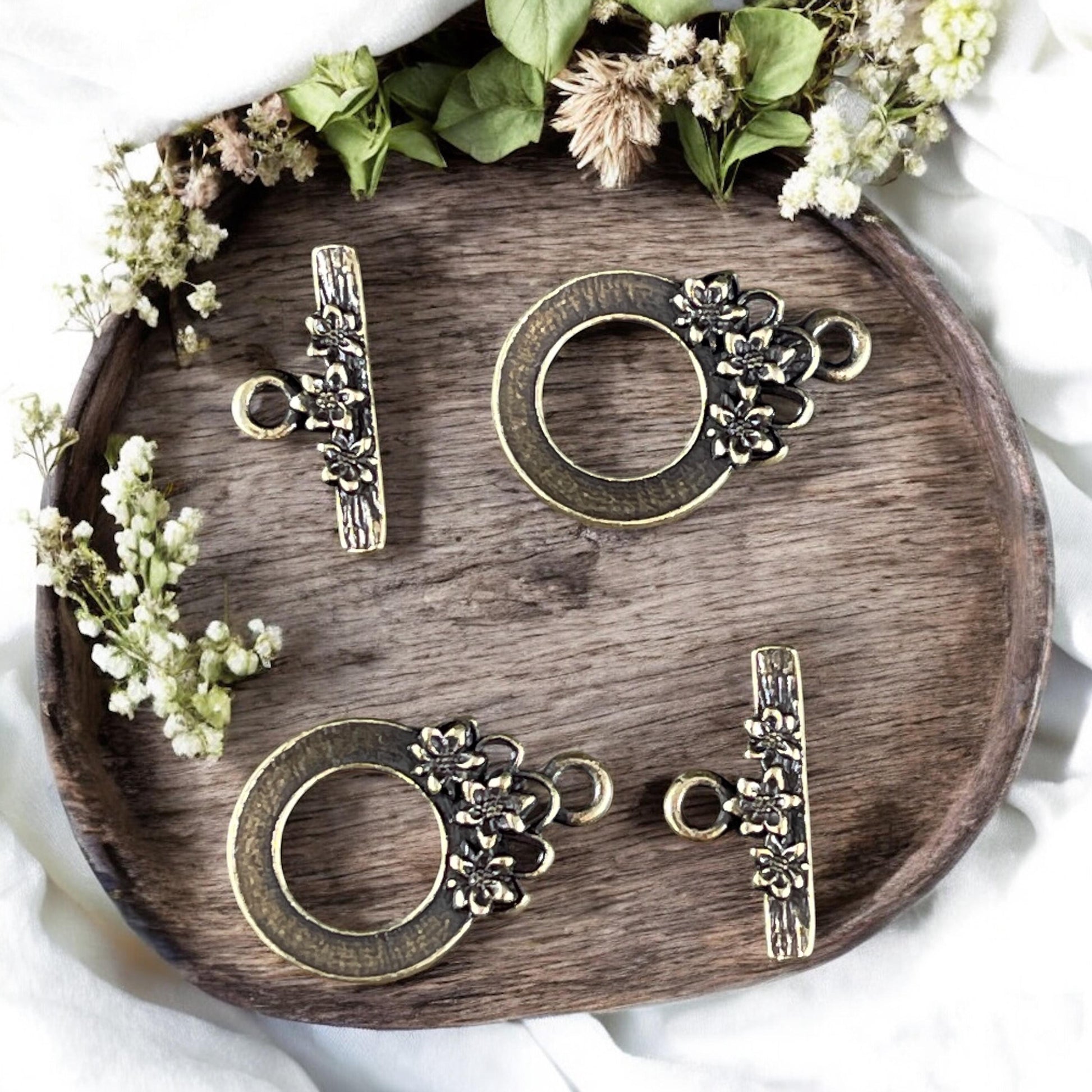 TierraCast Antiqued Brass Toggle Clasp, Blossom Collection, 17x21mm Medium Size Clasp with Floral Design (PF/1071-57) * Qty. 2