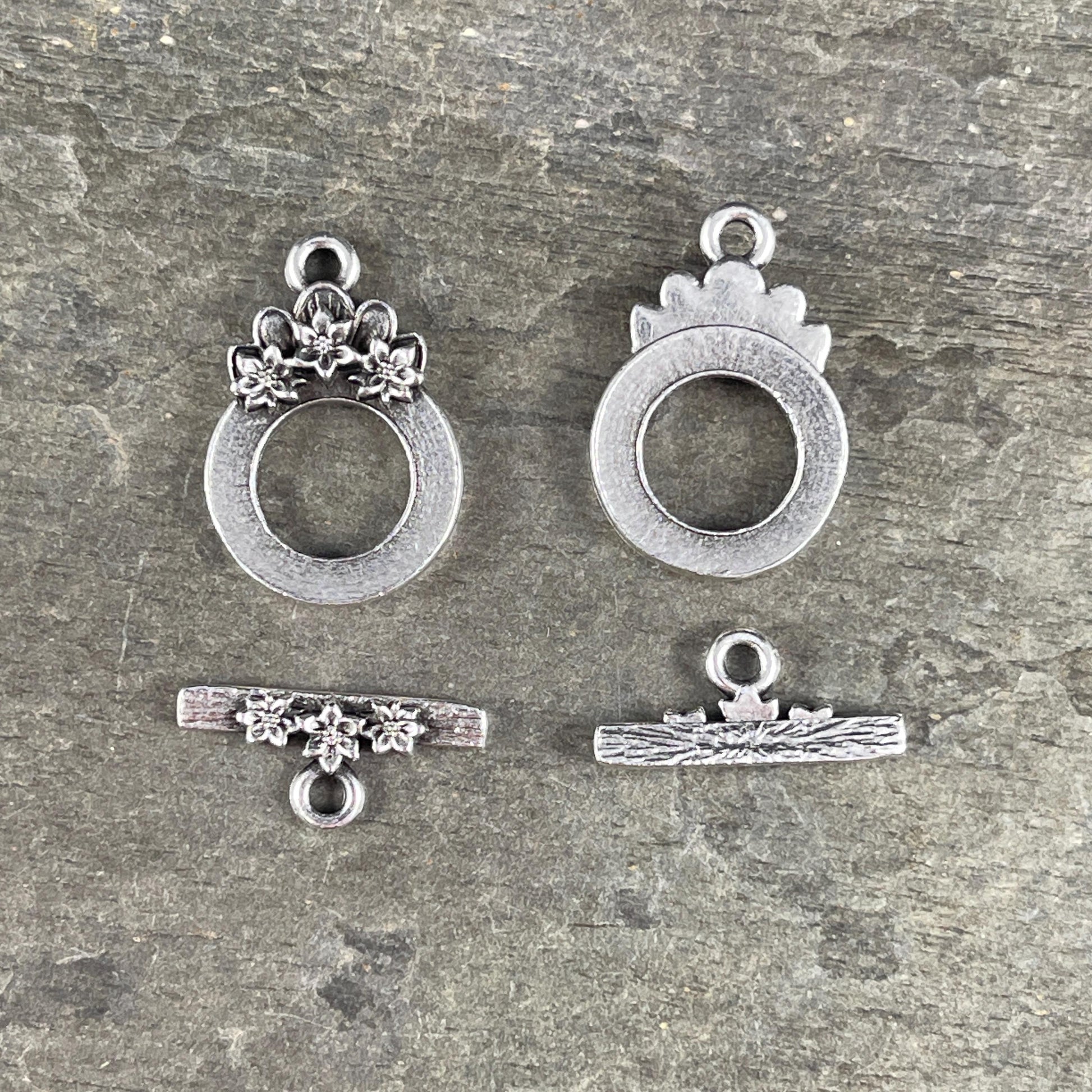 TierraCast Antiqued Silver Toggle Clasp, Blossom Collection, 17x21mm Medium Size Clasp with Floral Design (PF/1071-77) * Qty. 2
