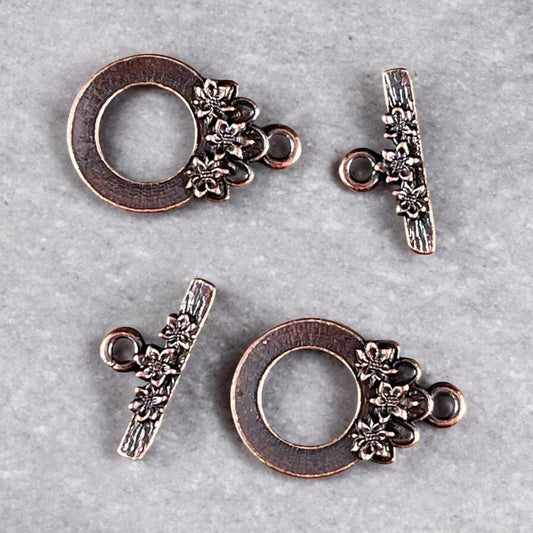 TierraCast Antiqued Copper Toggle Clasp, Blossom Collection, 17x21mm Medium Size Clasp with Floral Design (PF/1071-87) * Qty. 2